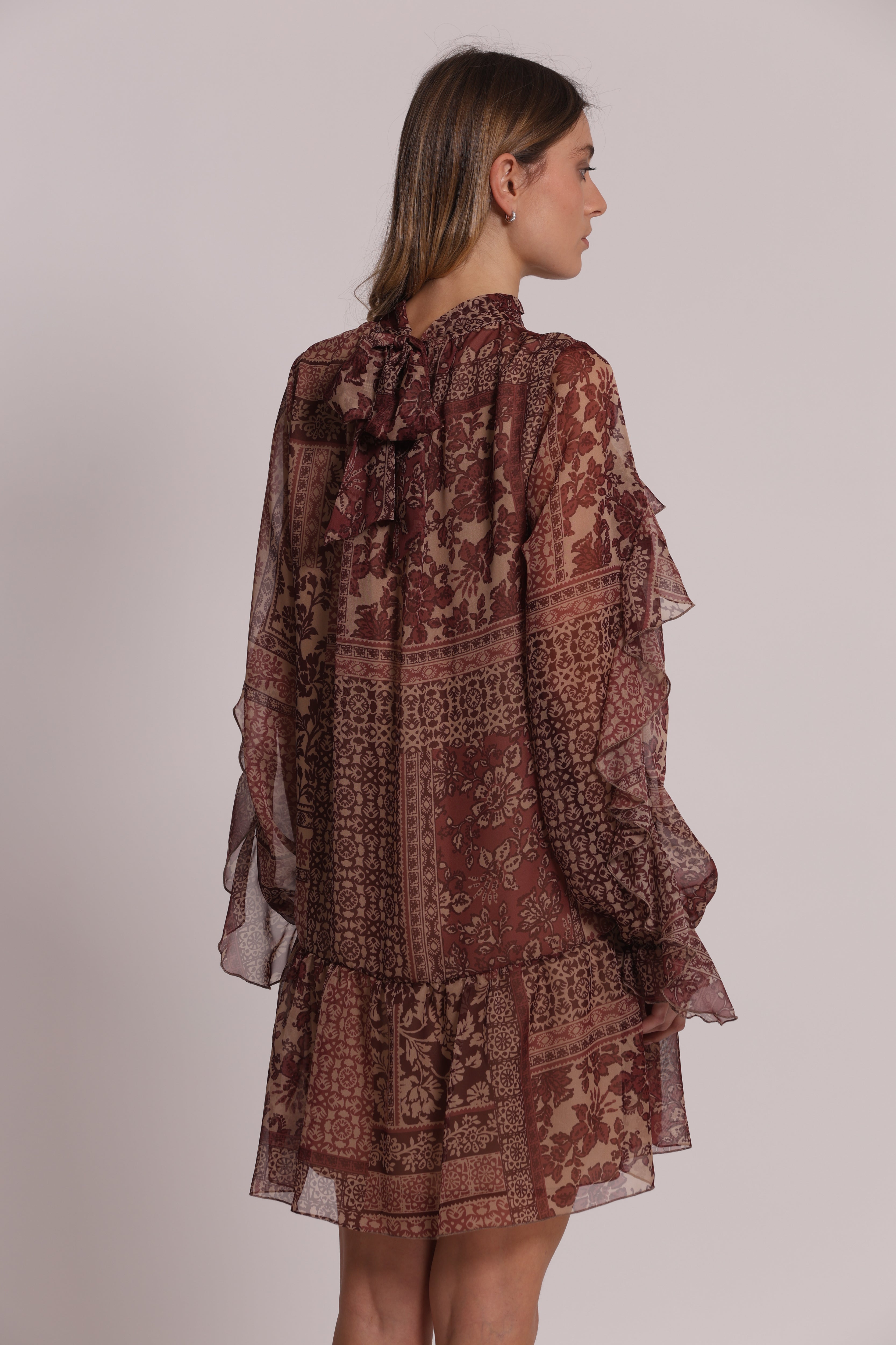 Mimi Mua abito corto voulant patchwork abito cammello prugna
