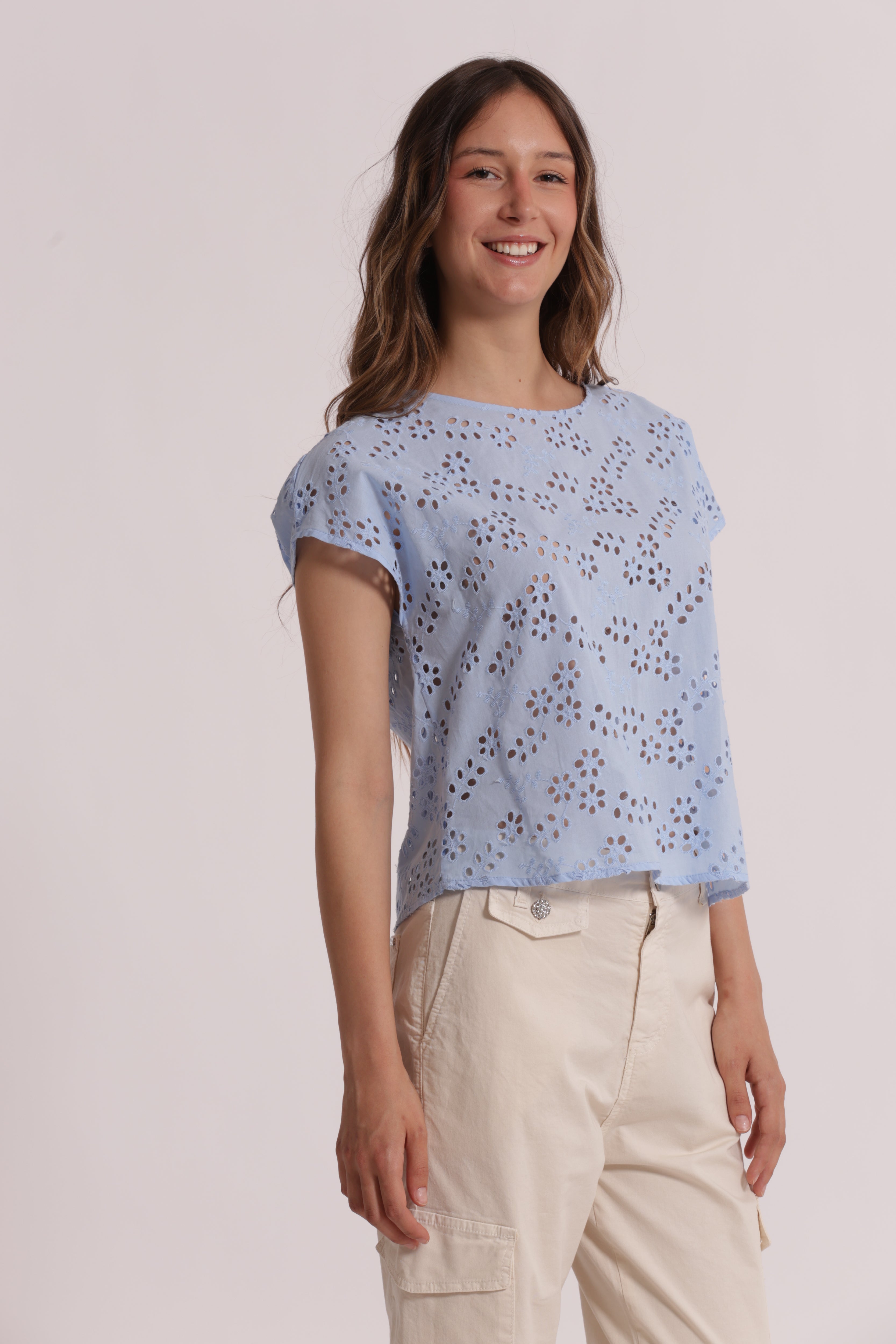 Mimi Mua Scollo Tondo Sangallo blusa bianco cotone