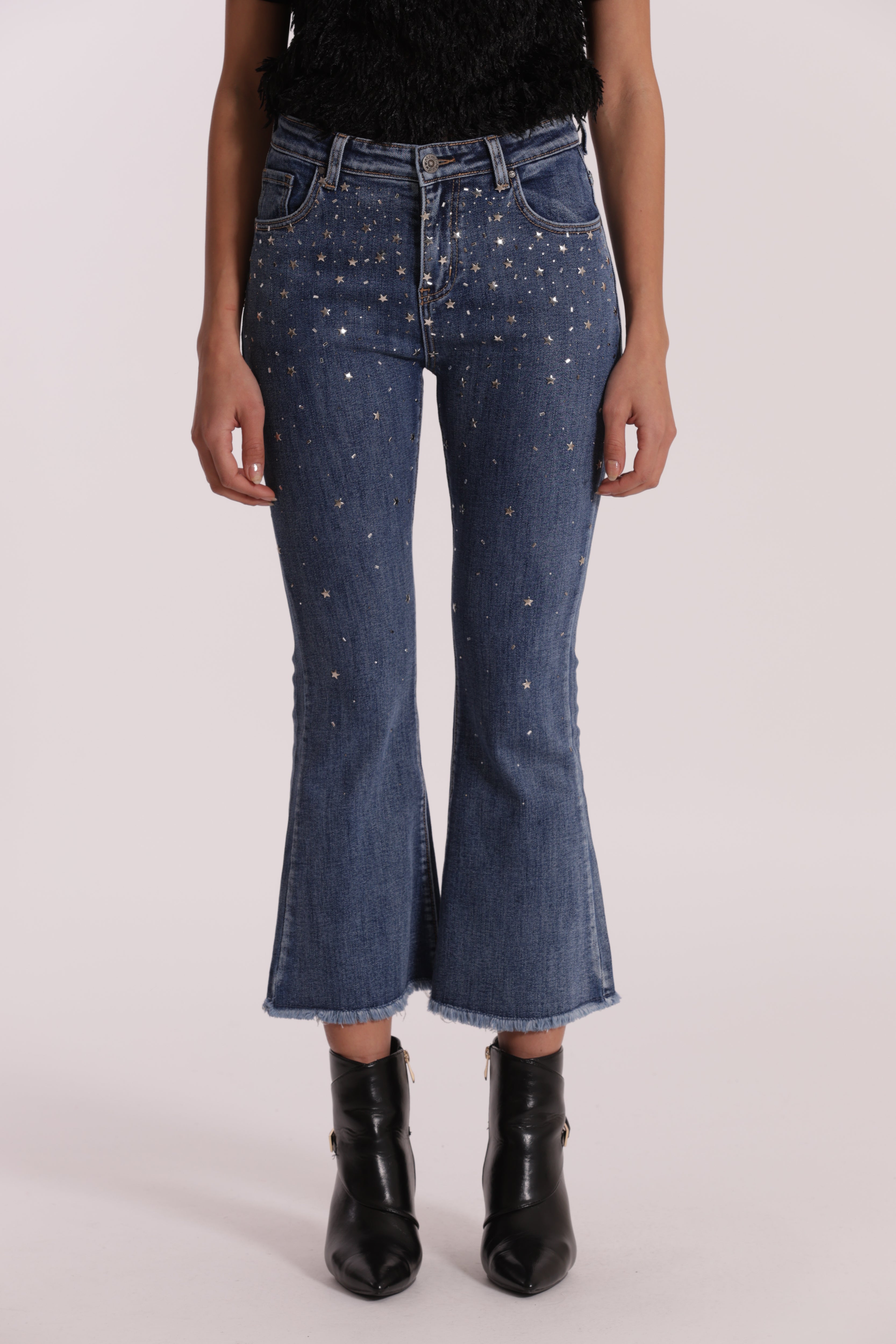 Mimi Mua jeans cropped flare strass e borchie blu medio