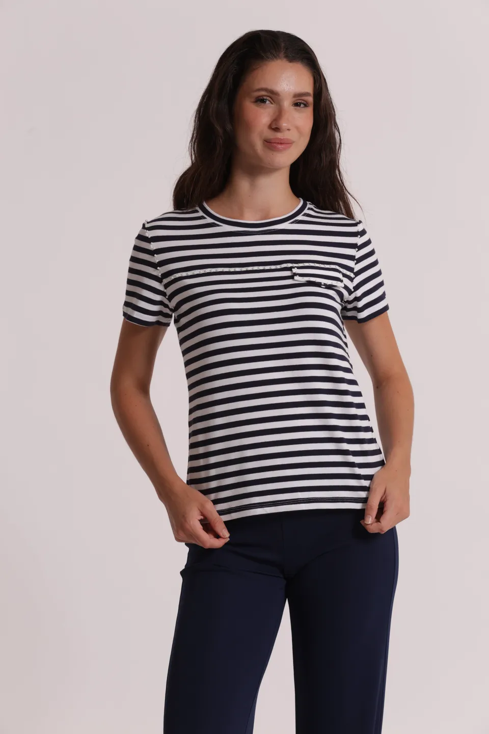 Mimi Mua T-Shirt a Righe con Borchie Blu