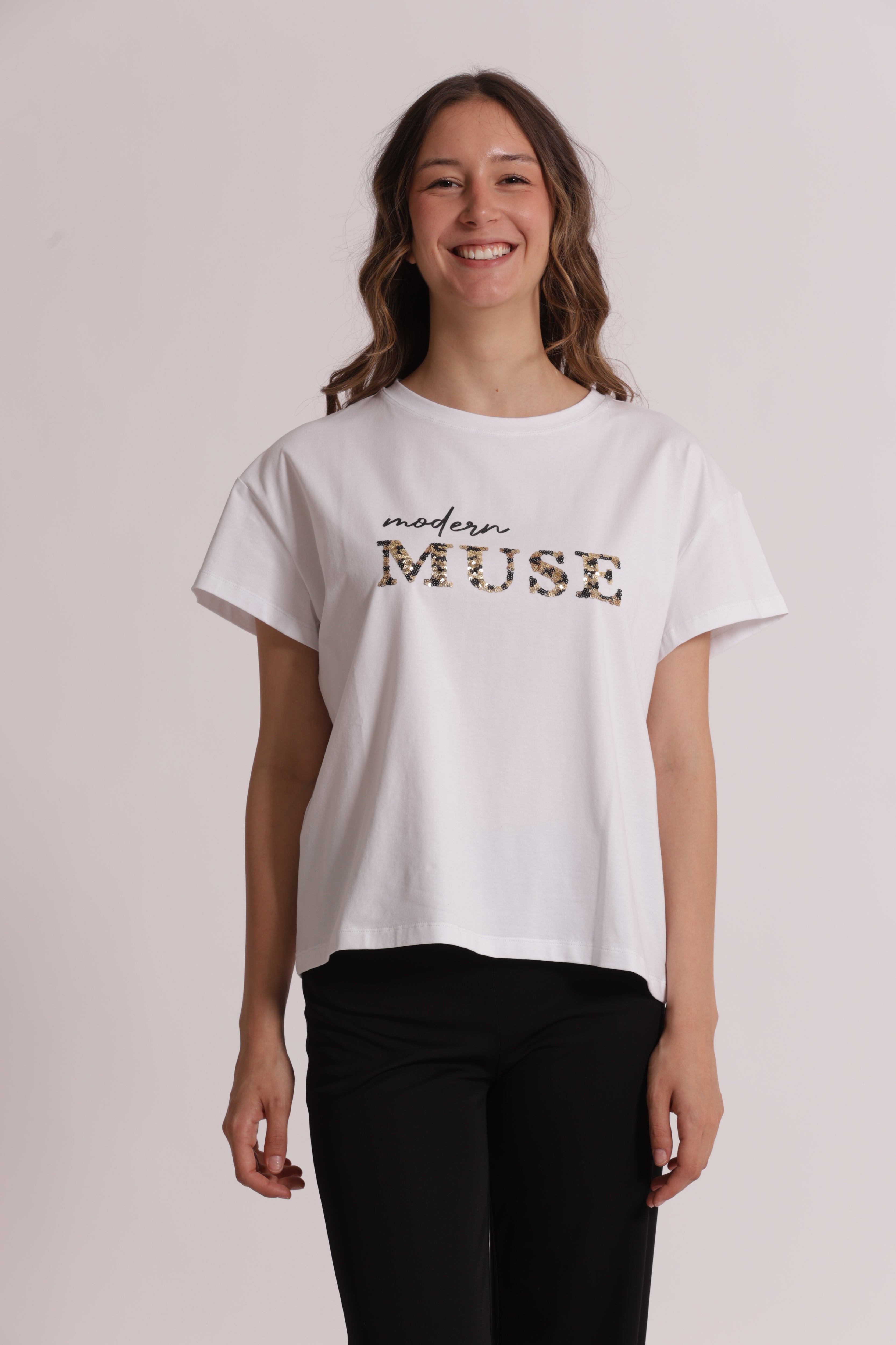 Mimi Mua T-Shirt Modern Muse con Paillettes Bianco