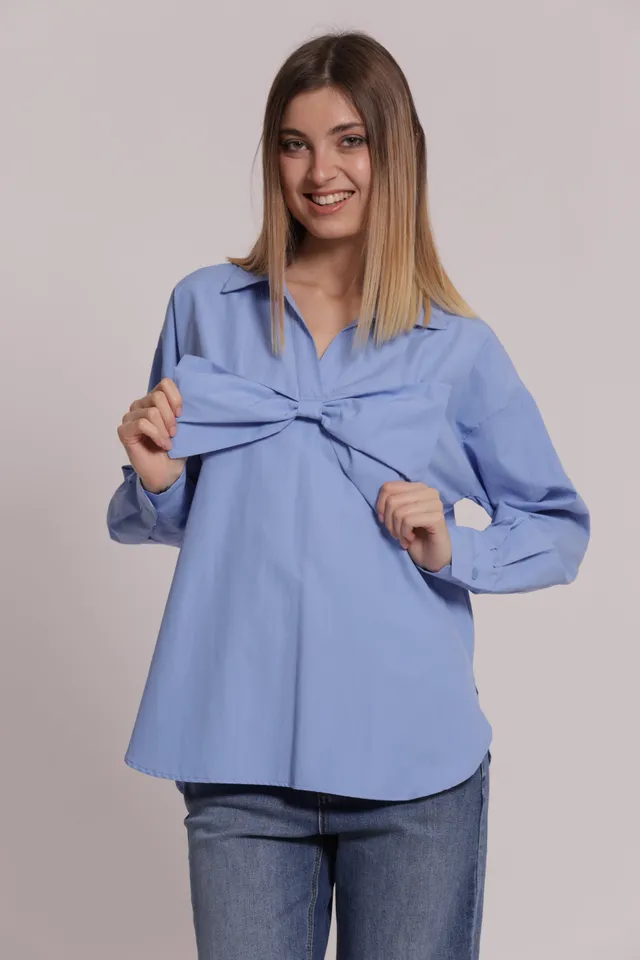 Mimi Mua Blusa Fiocco Frontale Bianco in Misto Cotone