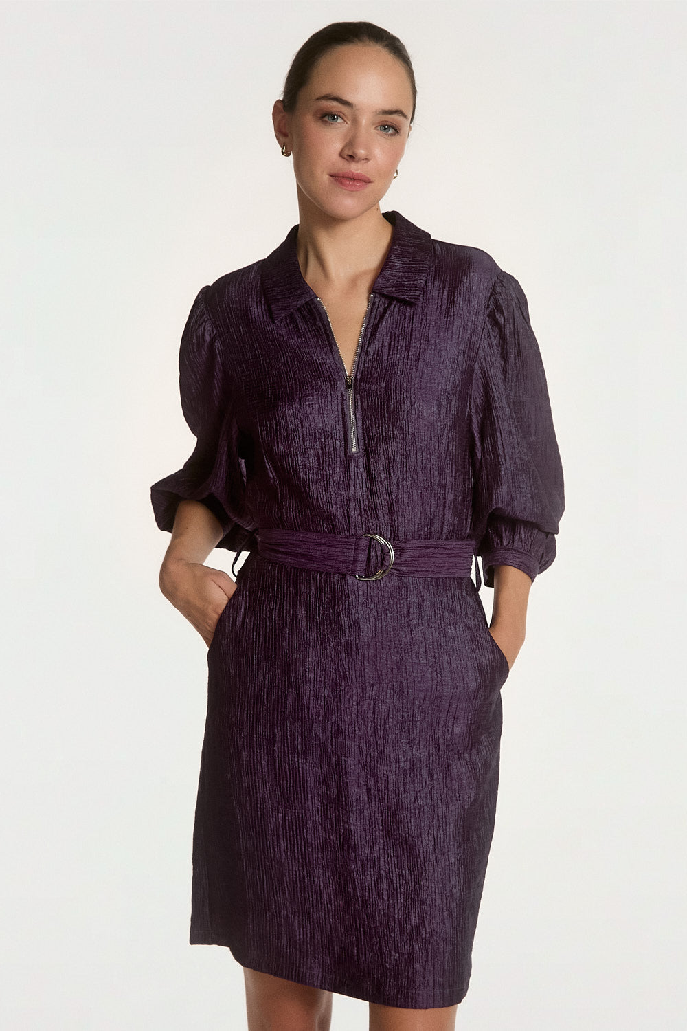 Aaiko Semira abito camicia prugna con cintura