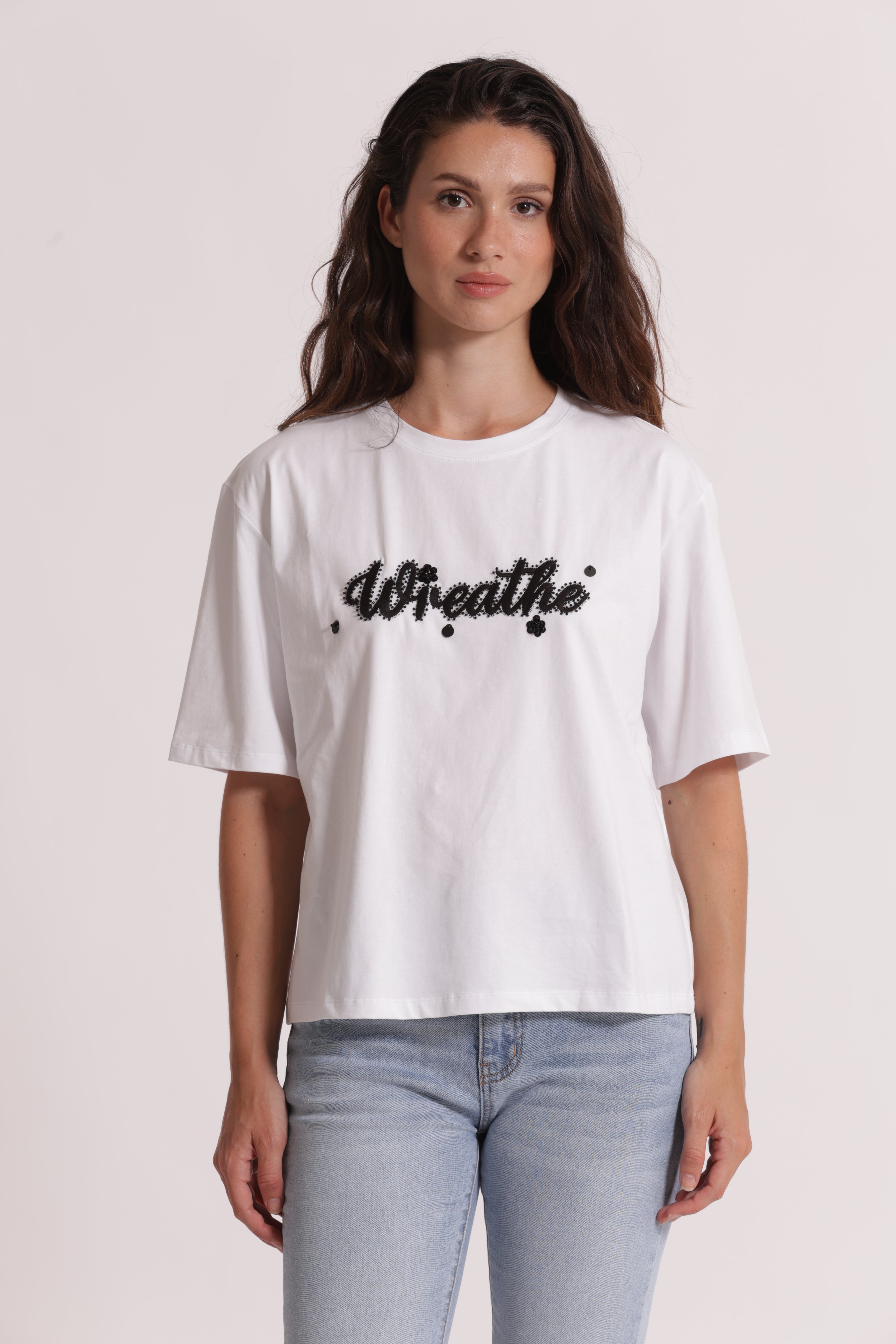 Mimi Mua Freedom t-shirt bianco con strass