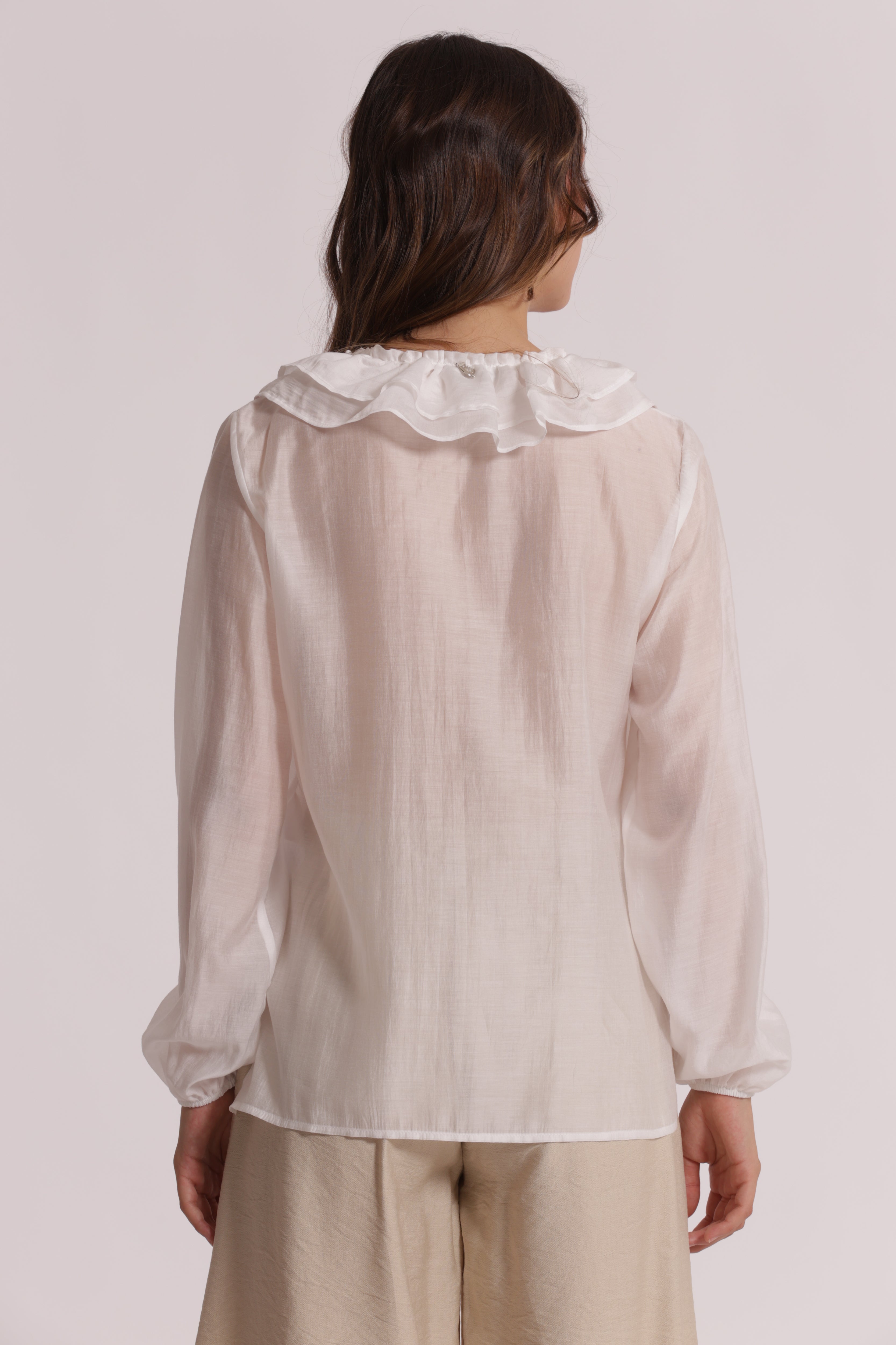 Mimi Mua Rouches Blusa Bianca Maniche Lunghe XS