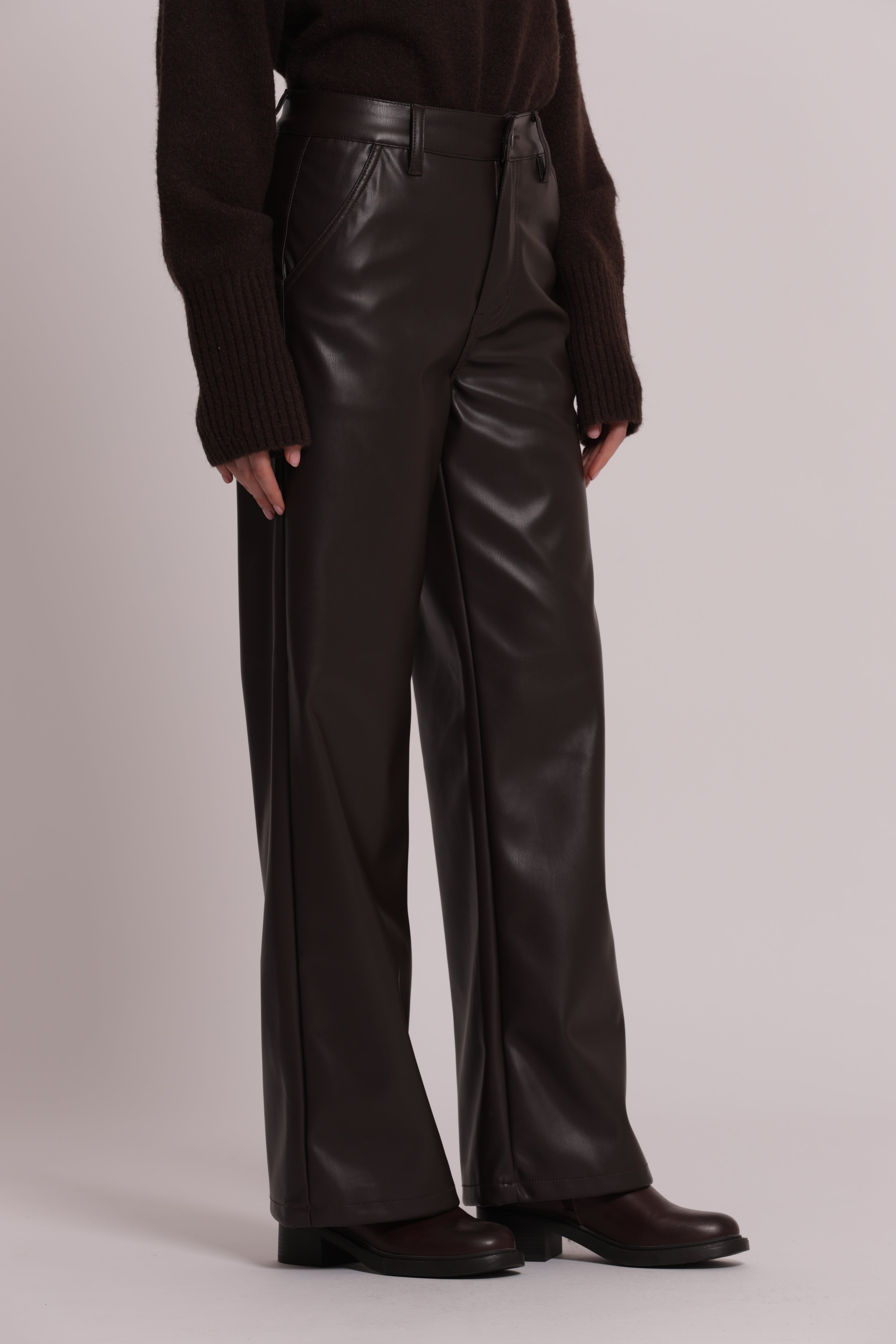 Mimi Mua Wide Leg Simil Pelle Pantaloni Nero Gamba Larga