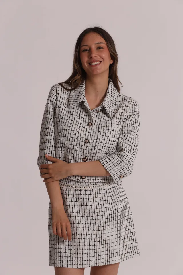 Mimi Mua Giacca Crop Tweed Bottoni Gioiello giacca corta