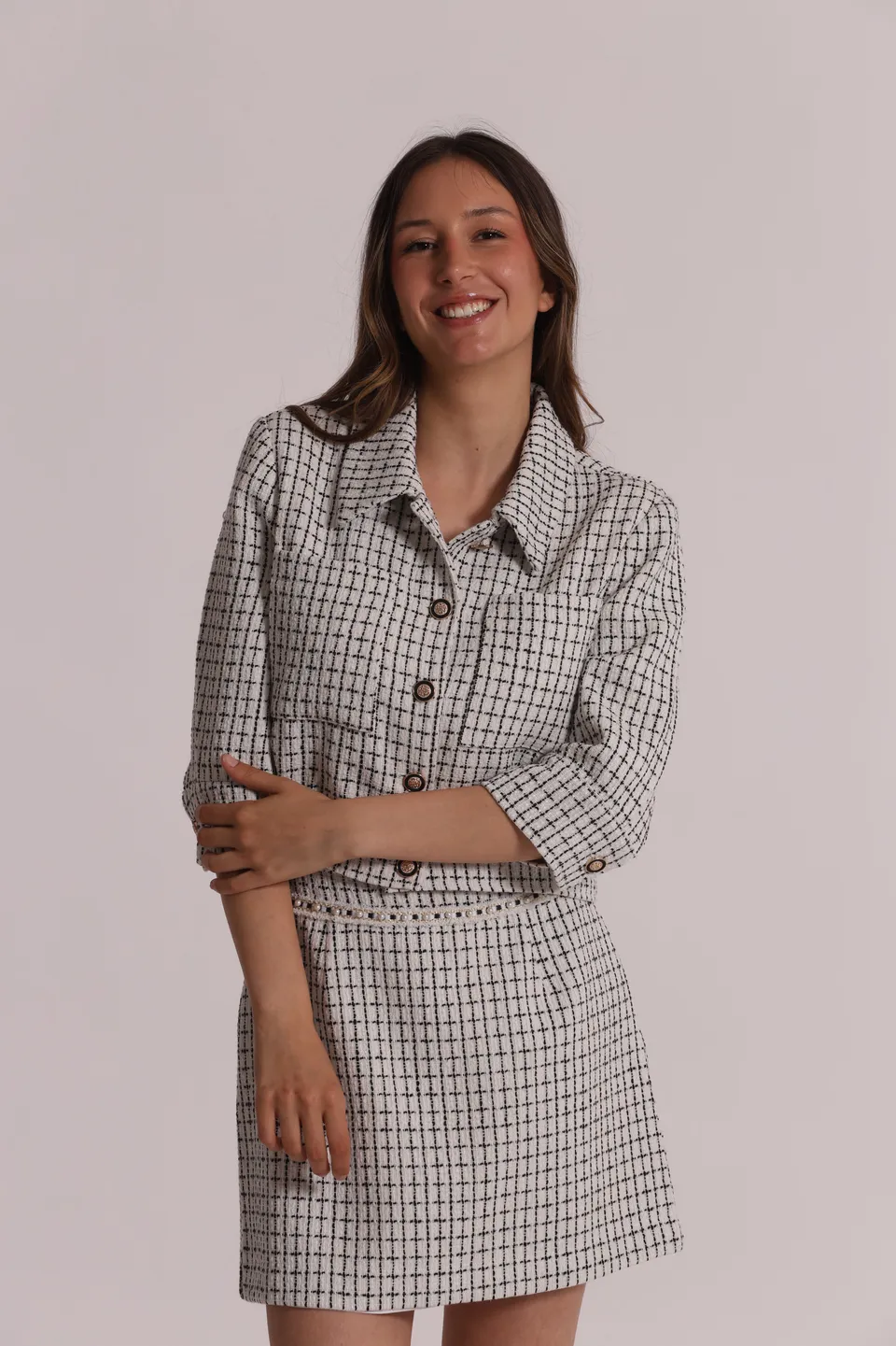 Mimi Mua Giacca Crop Tweed Bottoni Gioiello giacca corta