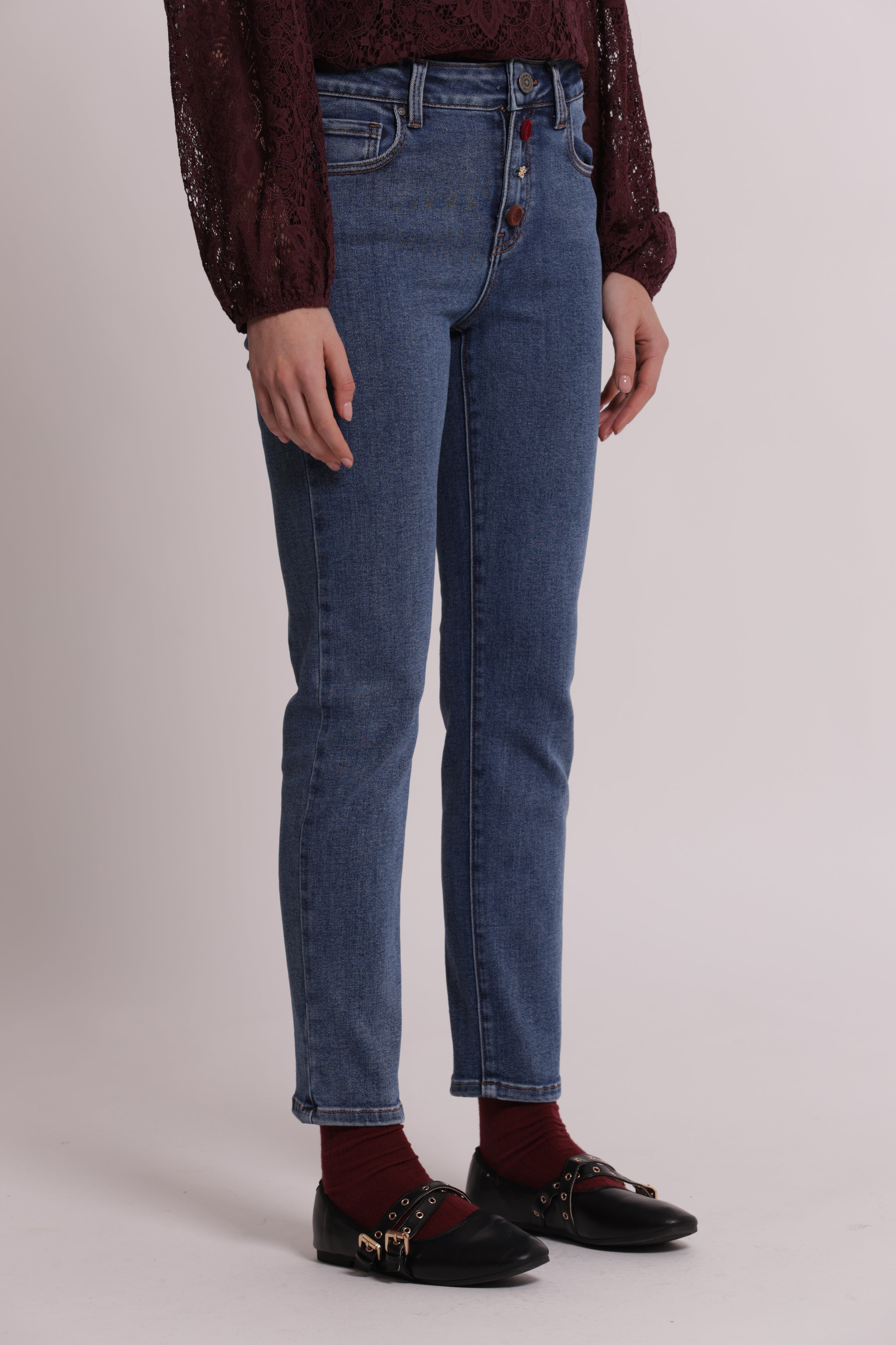 Mimi Mua Jeans Sigaretta con Bottoni Velluto e Gioiello Blu Scuro