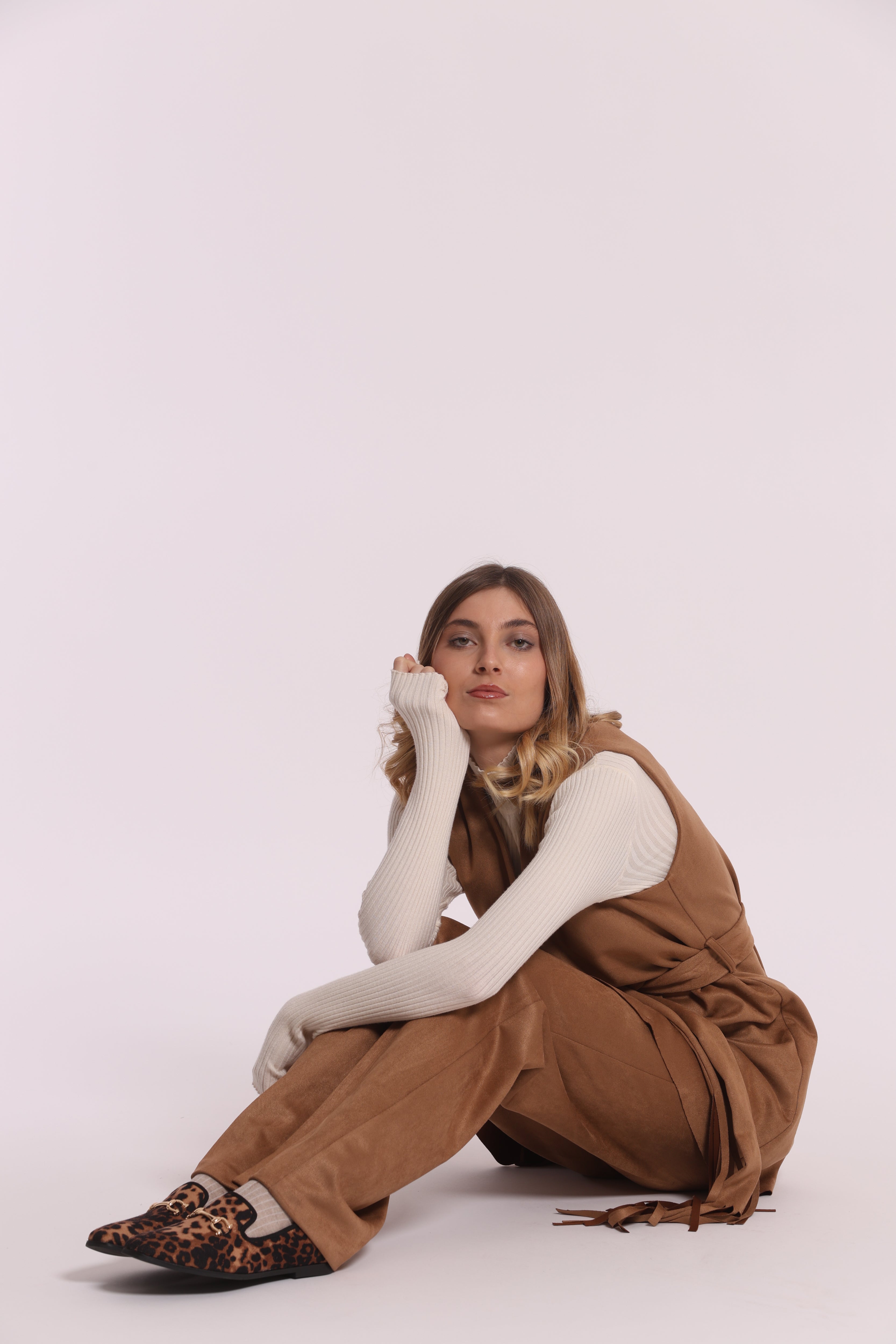 Mimi Mua pantalone dritto jersey camoscio beige elasticizzato