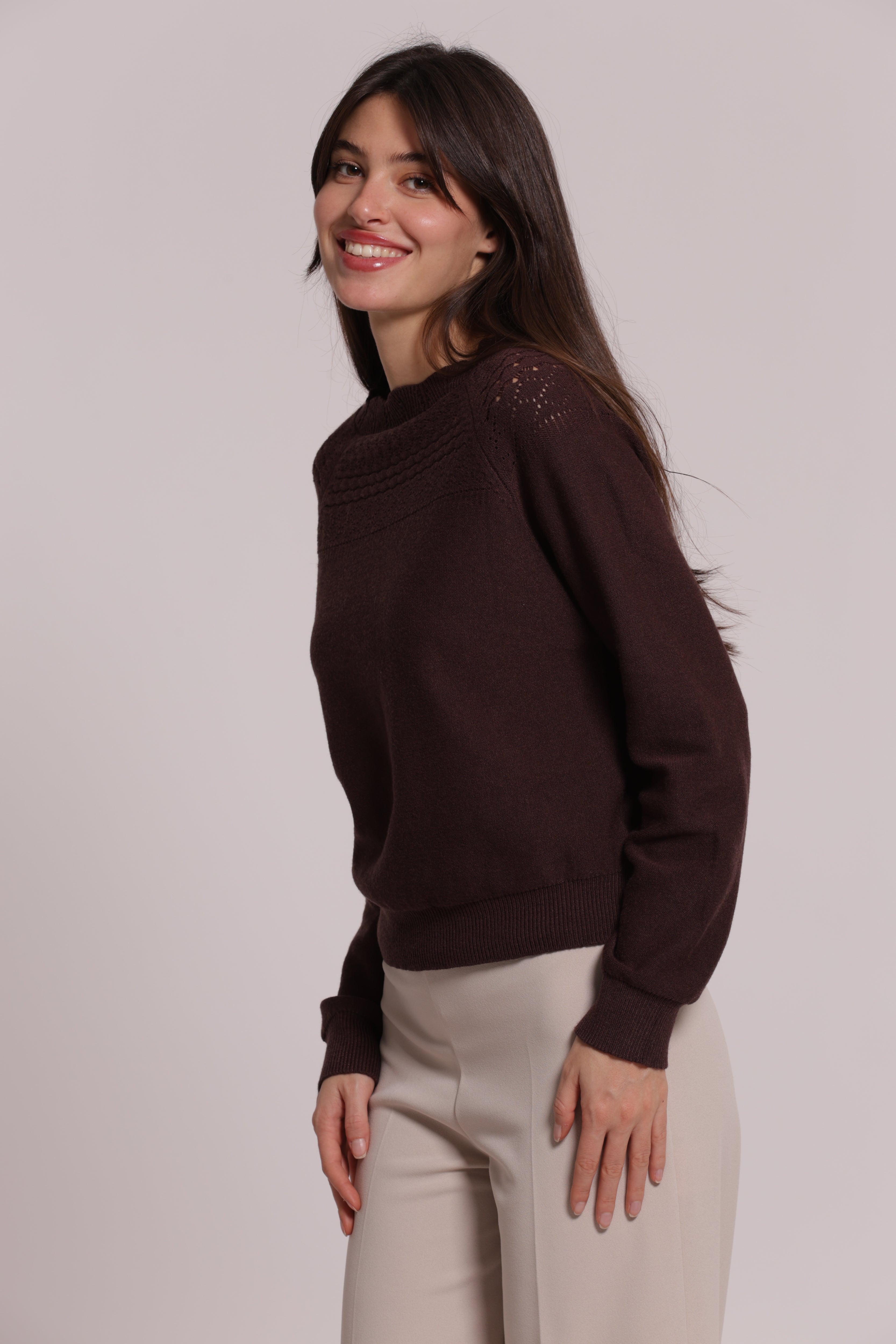 Mimi Mua Maglia Traforata Beige Chiaro Maniche Lunghe