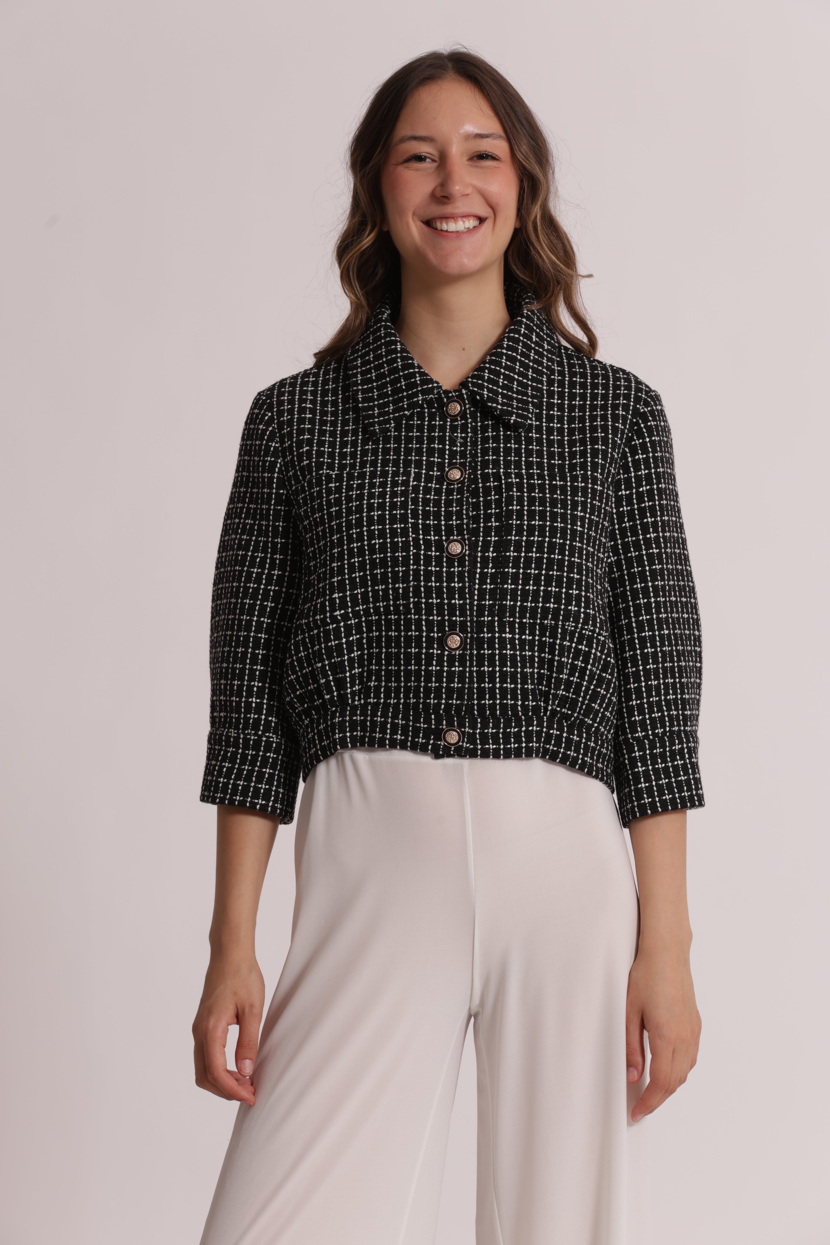 Mimi Mua Giacca Crop Tweed Bottoni Gioiello giacca corta