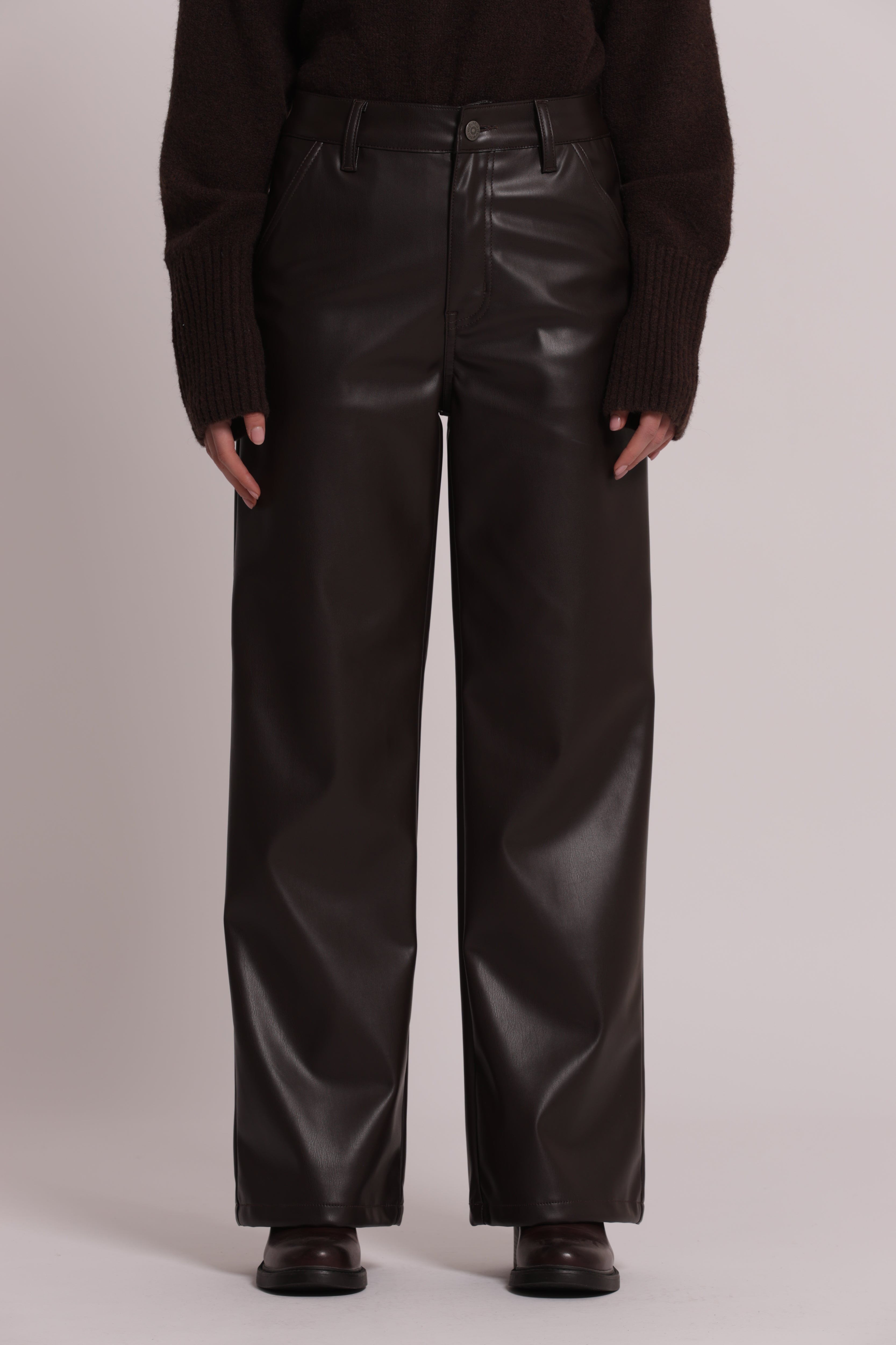 Mimi Mua Wide Leg Simil Pelle Pantaloni Nero Gamba Larga