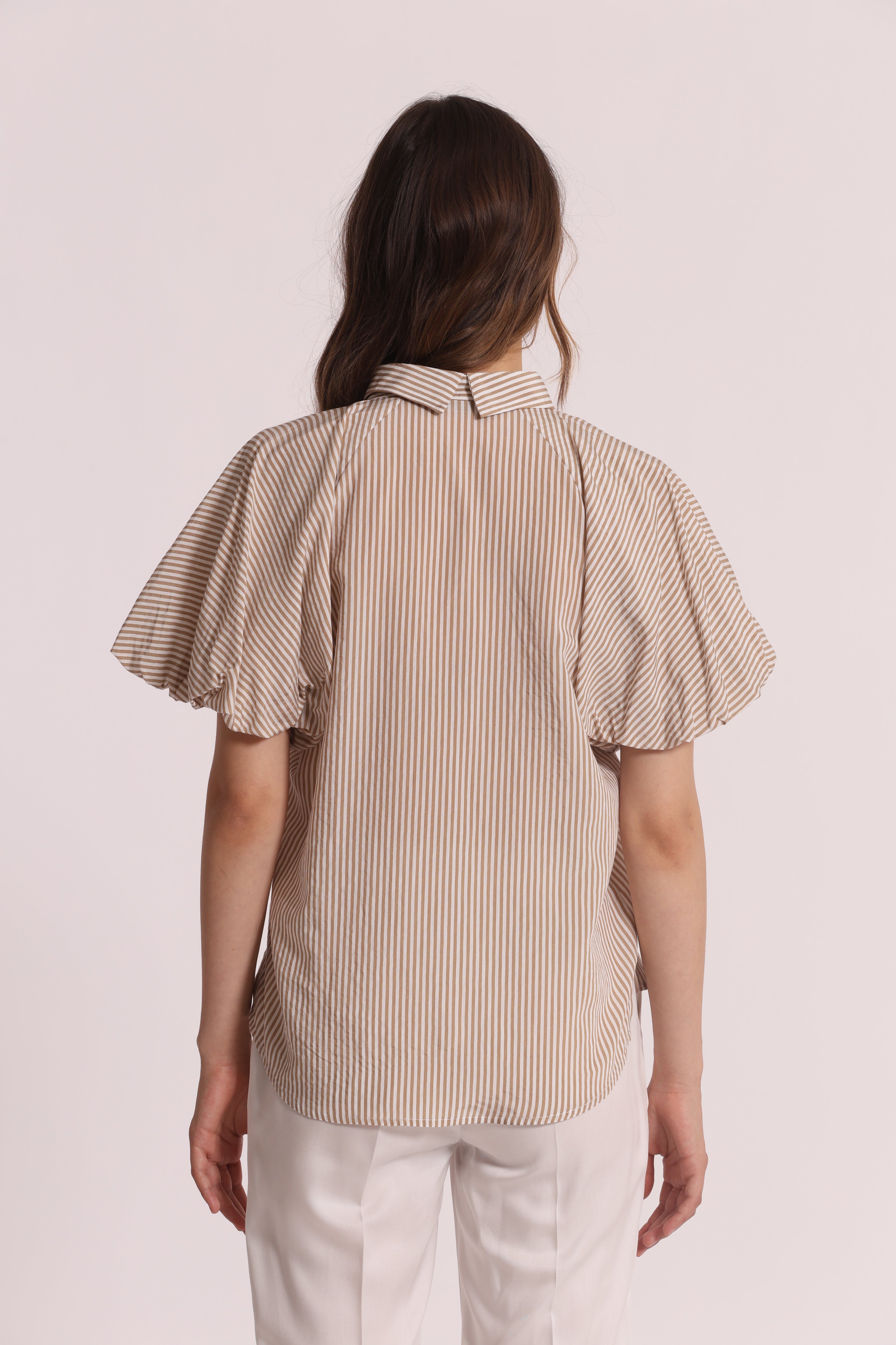 Mimi Mua Blusa Maniche Palloncino a Righe Beige Latte