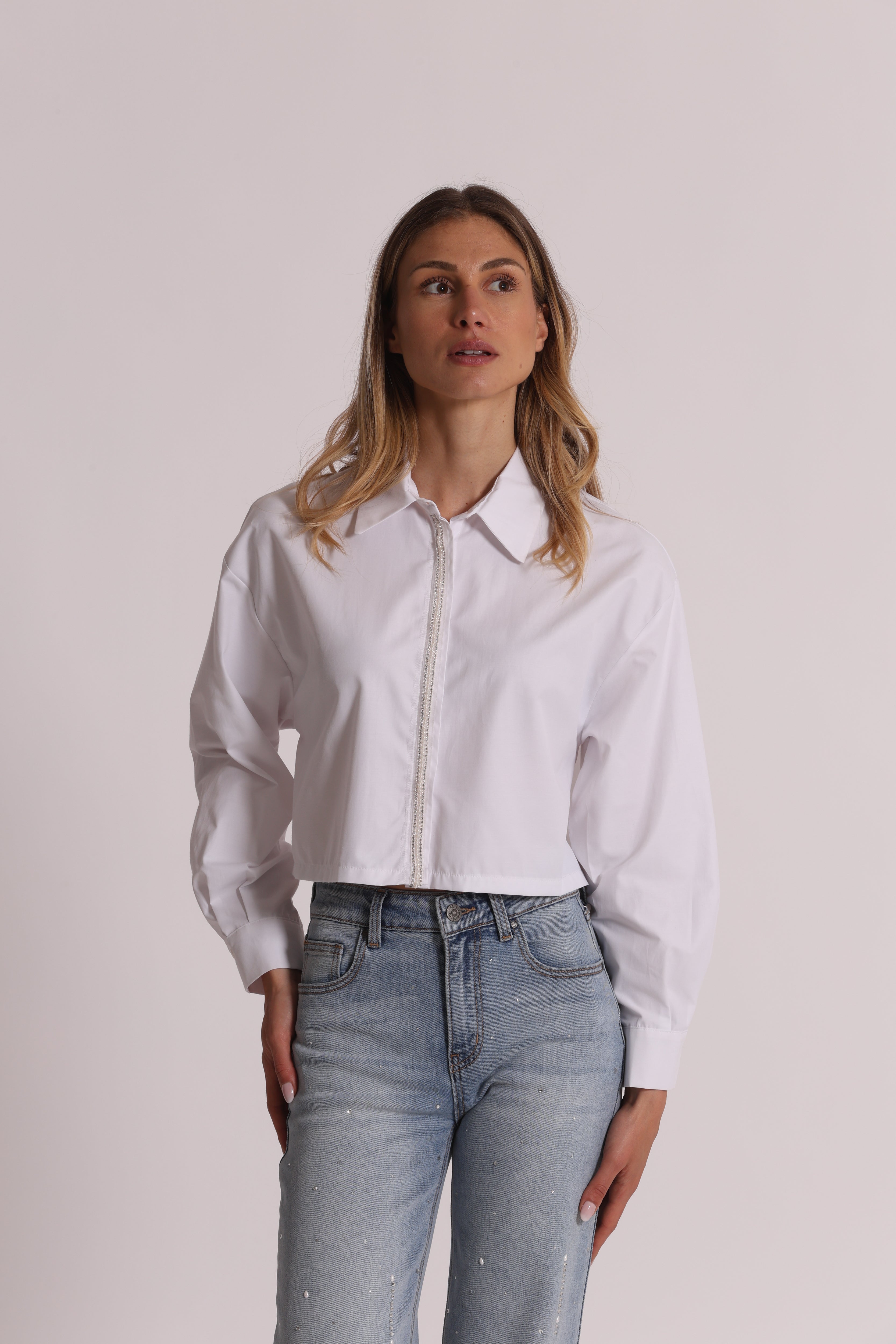 Mimi Mua Camicia Cropped Bianco Cotone Misto