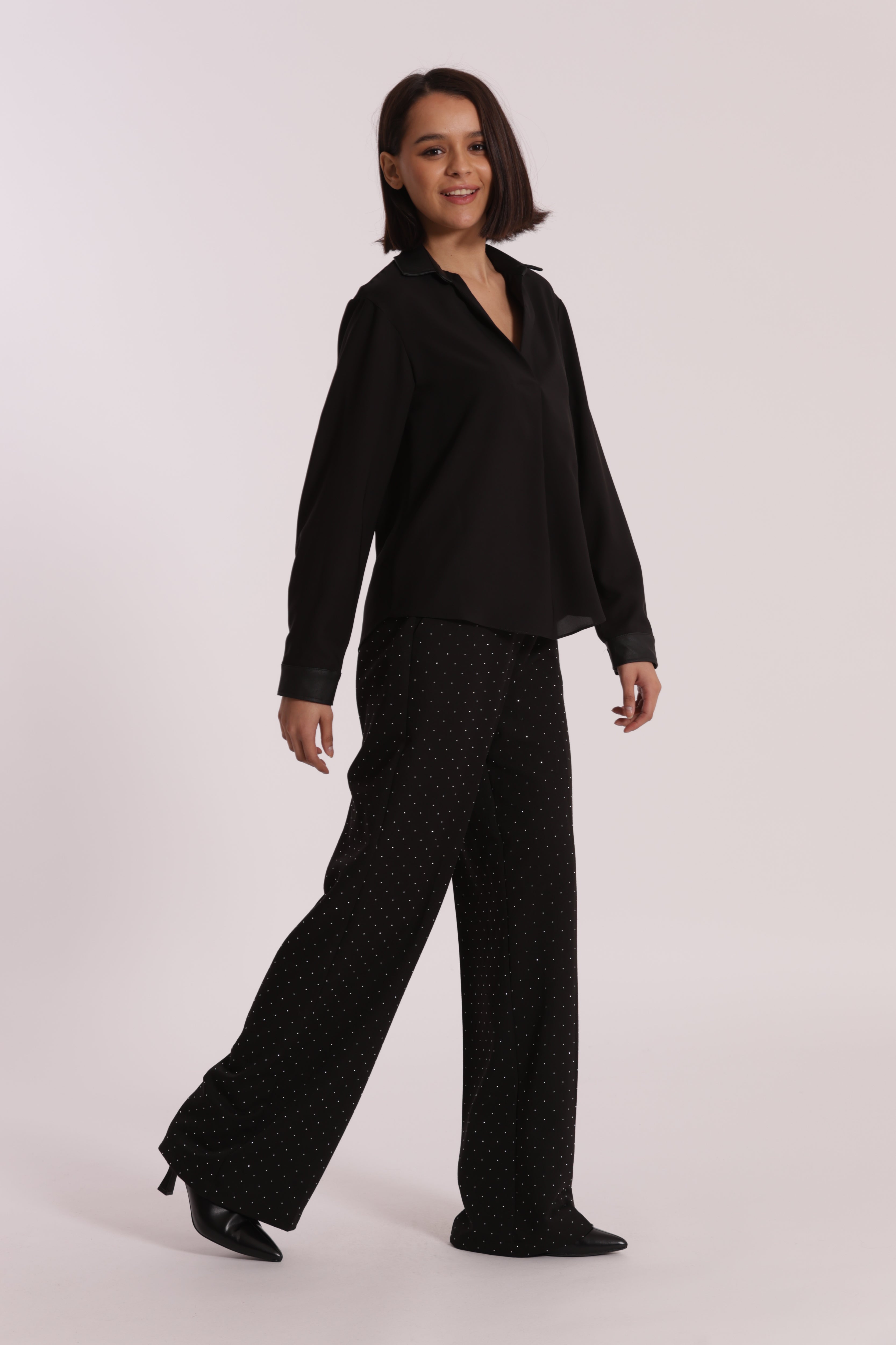 Mimi Mua pantalone palazzo strass nero
