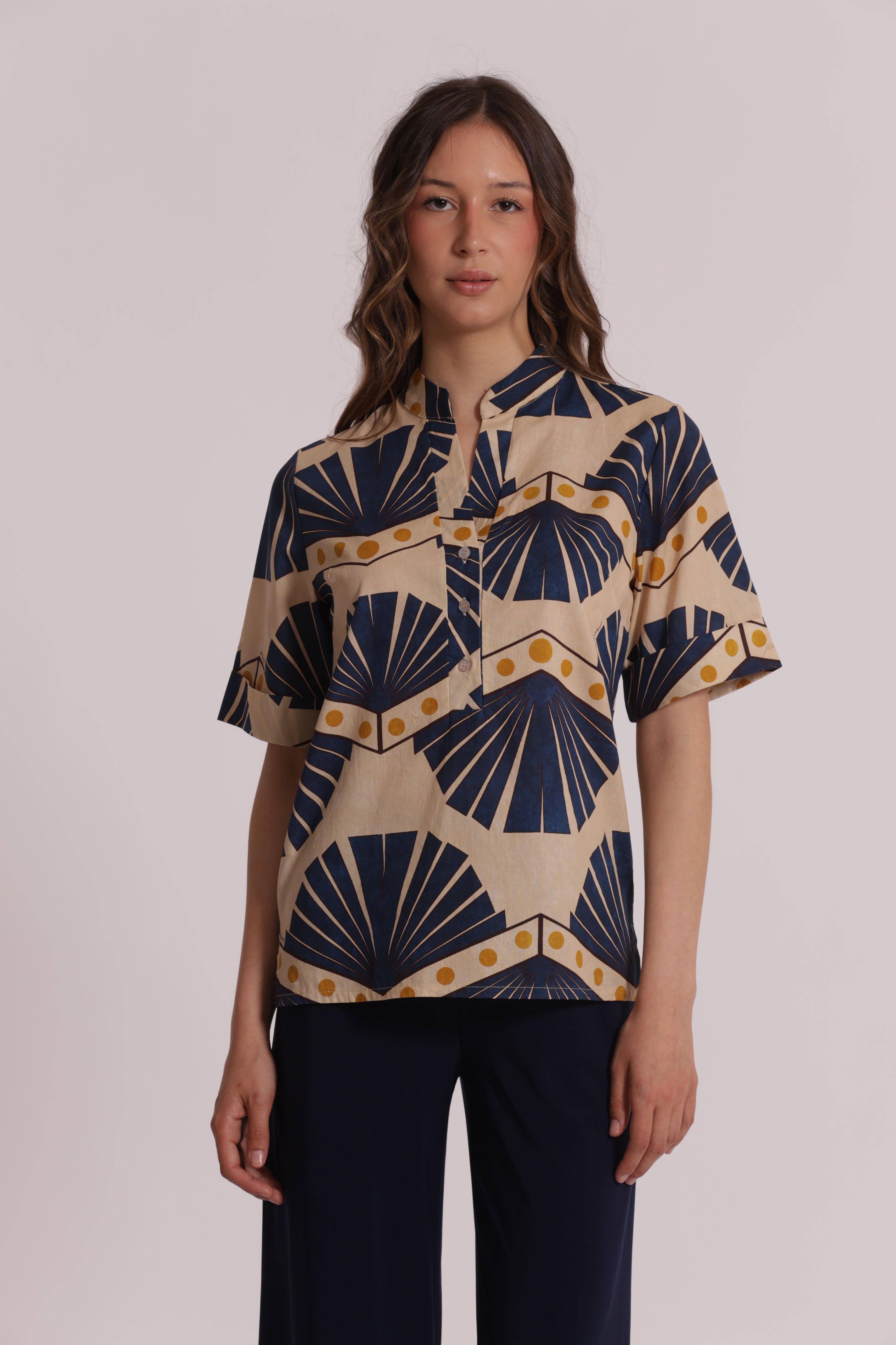 Mimi Mua A Maniche Corte in Fantasia Blusa Panna Cotone