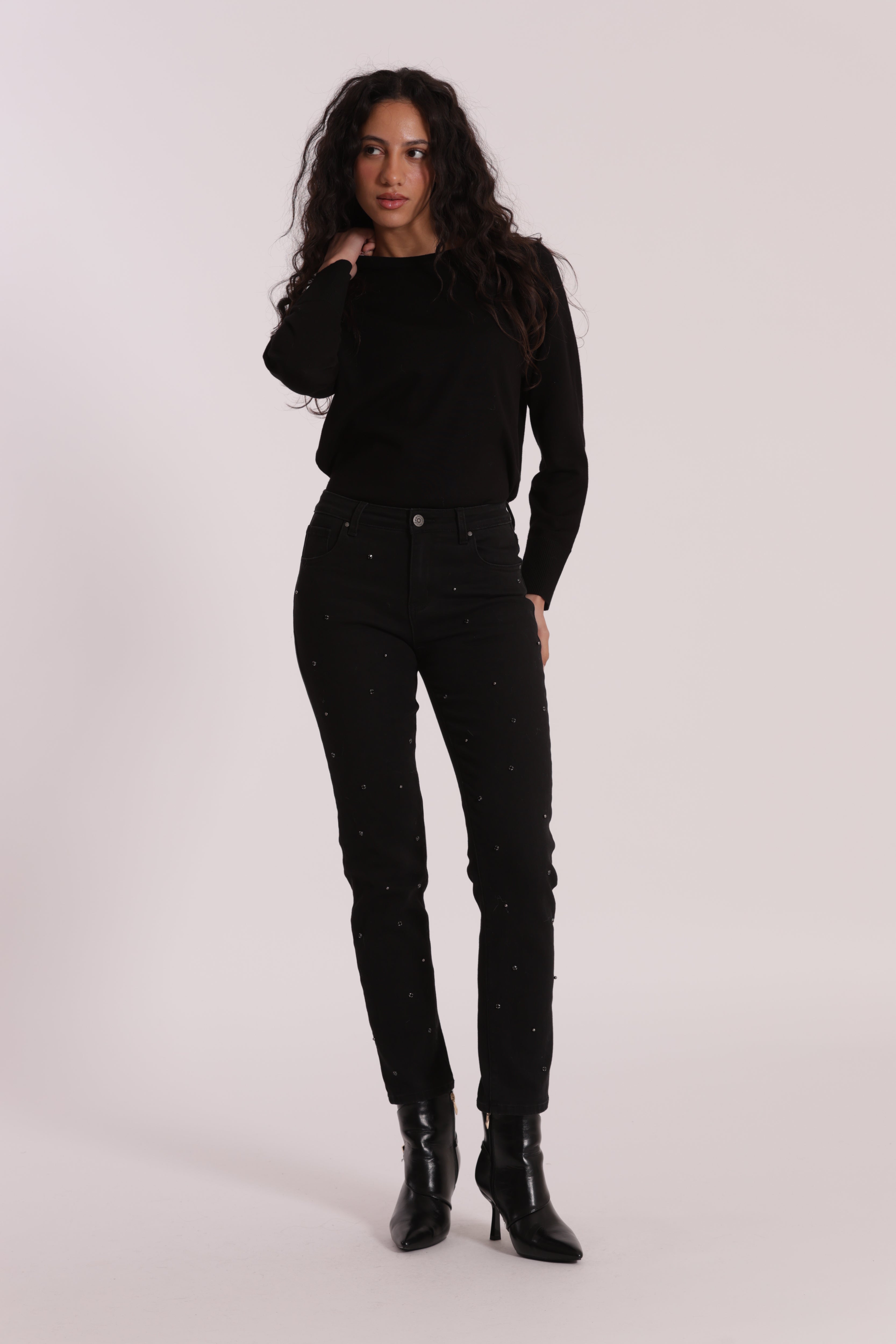 Mimi Mua jeans sigaretta nero con applicazioni
