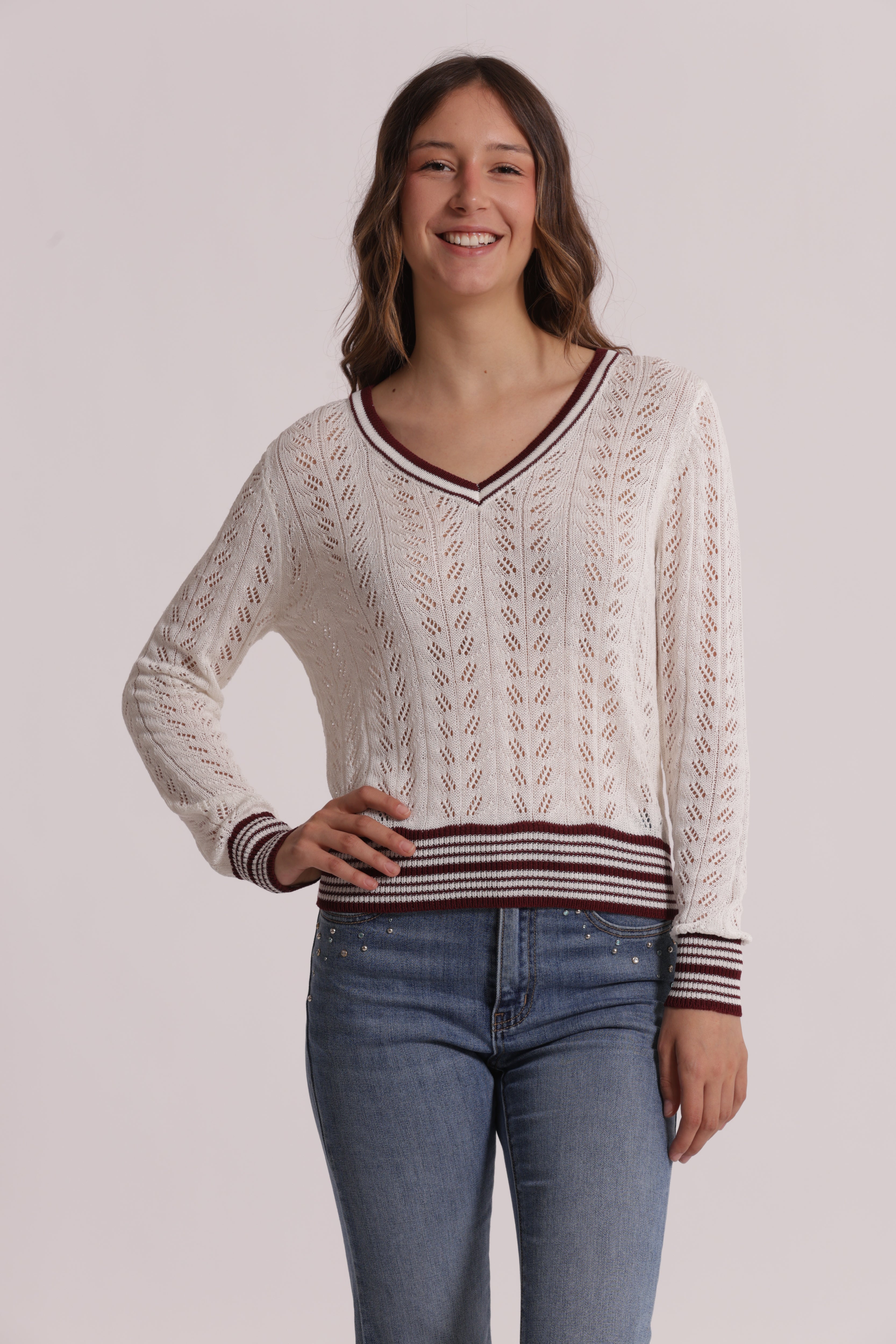 Mimi Mua Maglia Traforata Scollo V Panna Bicolor Leggera