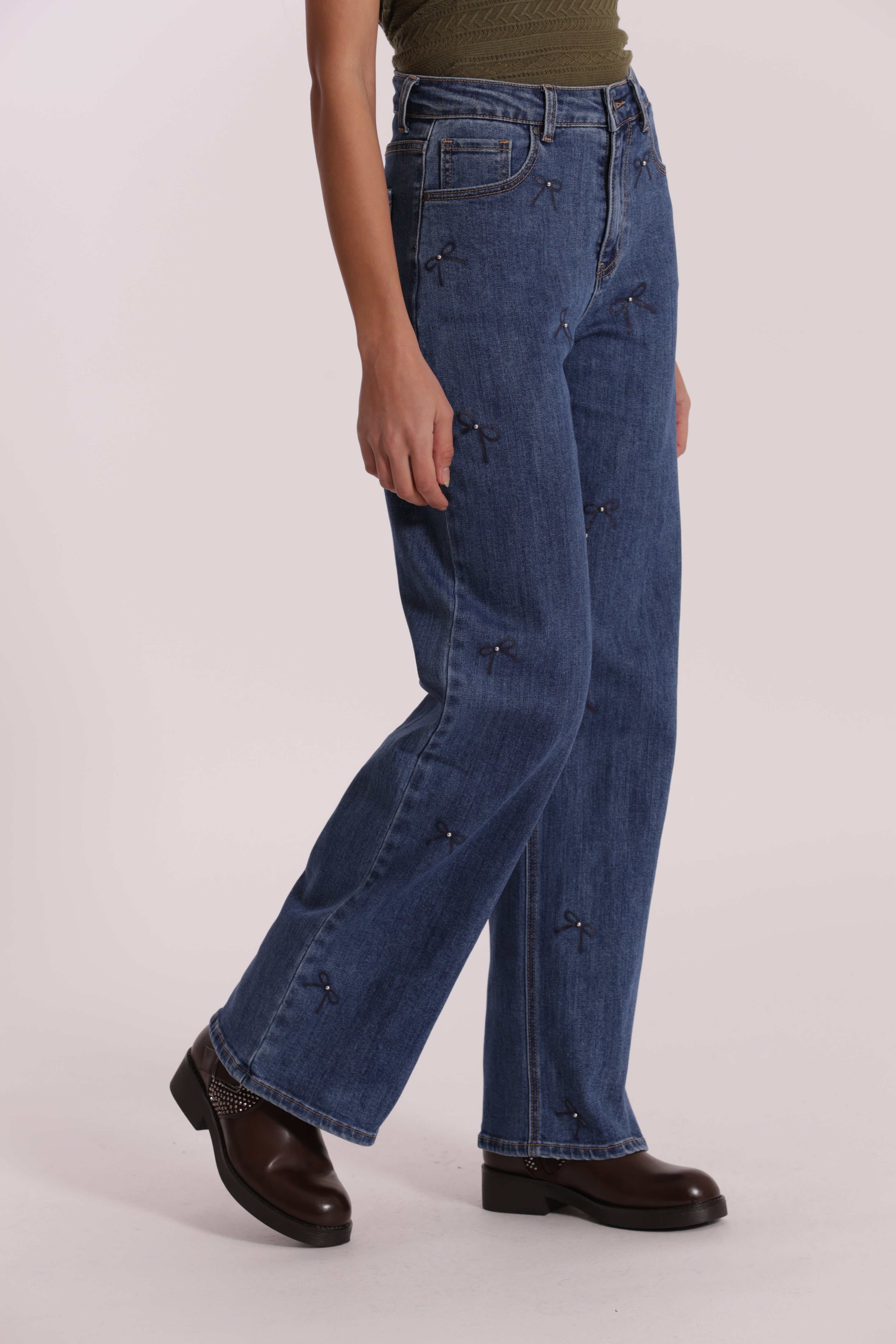 Mimi Mua Wide Leg jeans stampa fiocco nero