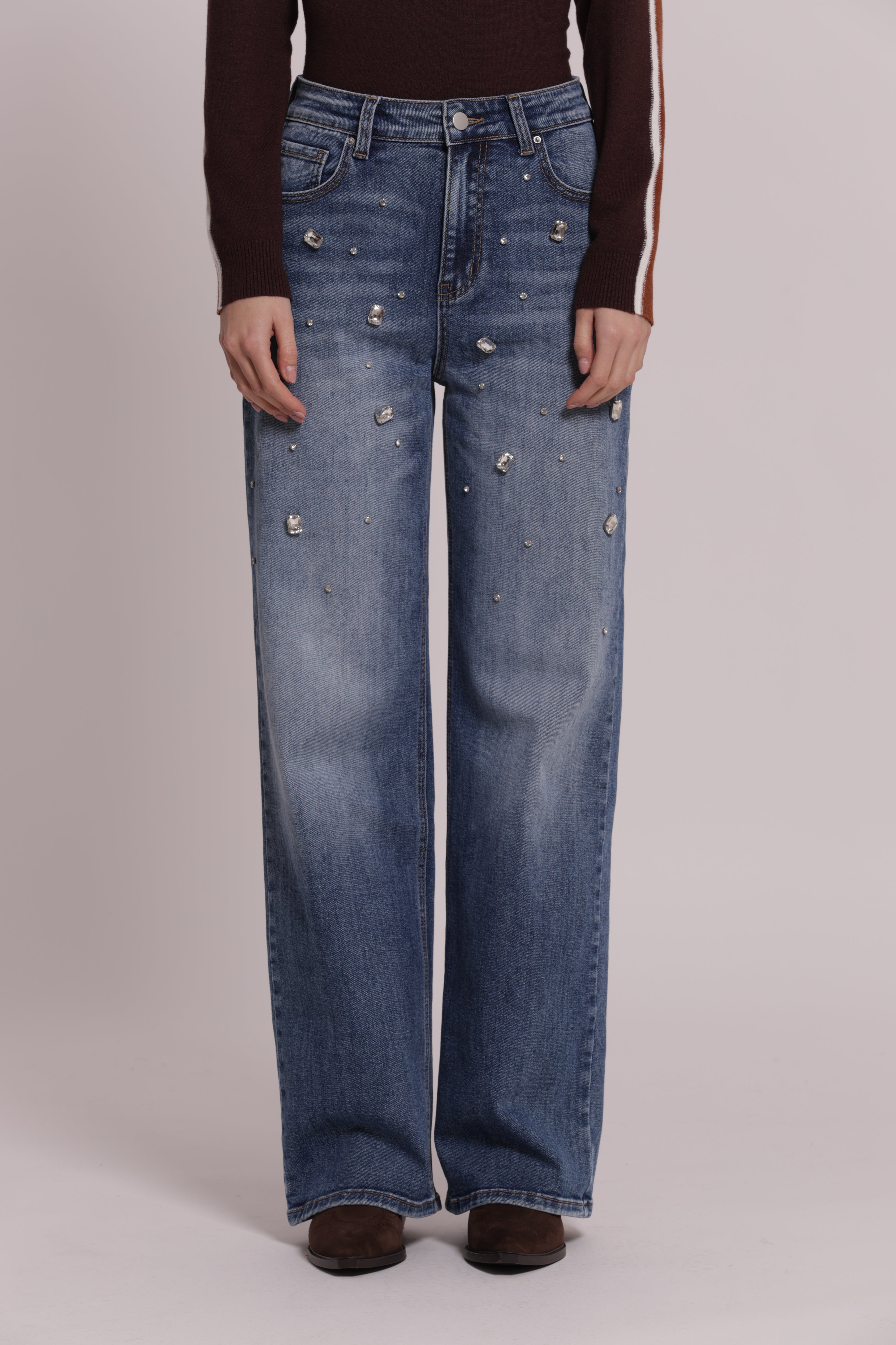 Mimi Mua Wide Leg Castoni Gioiello Jeans Nero denim