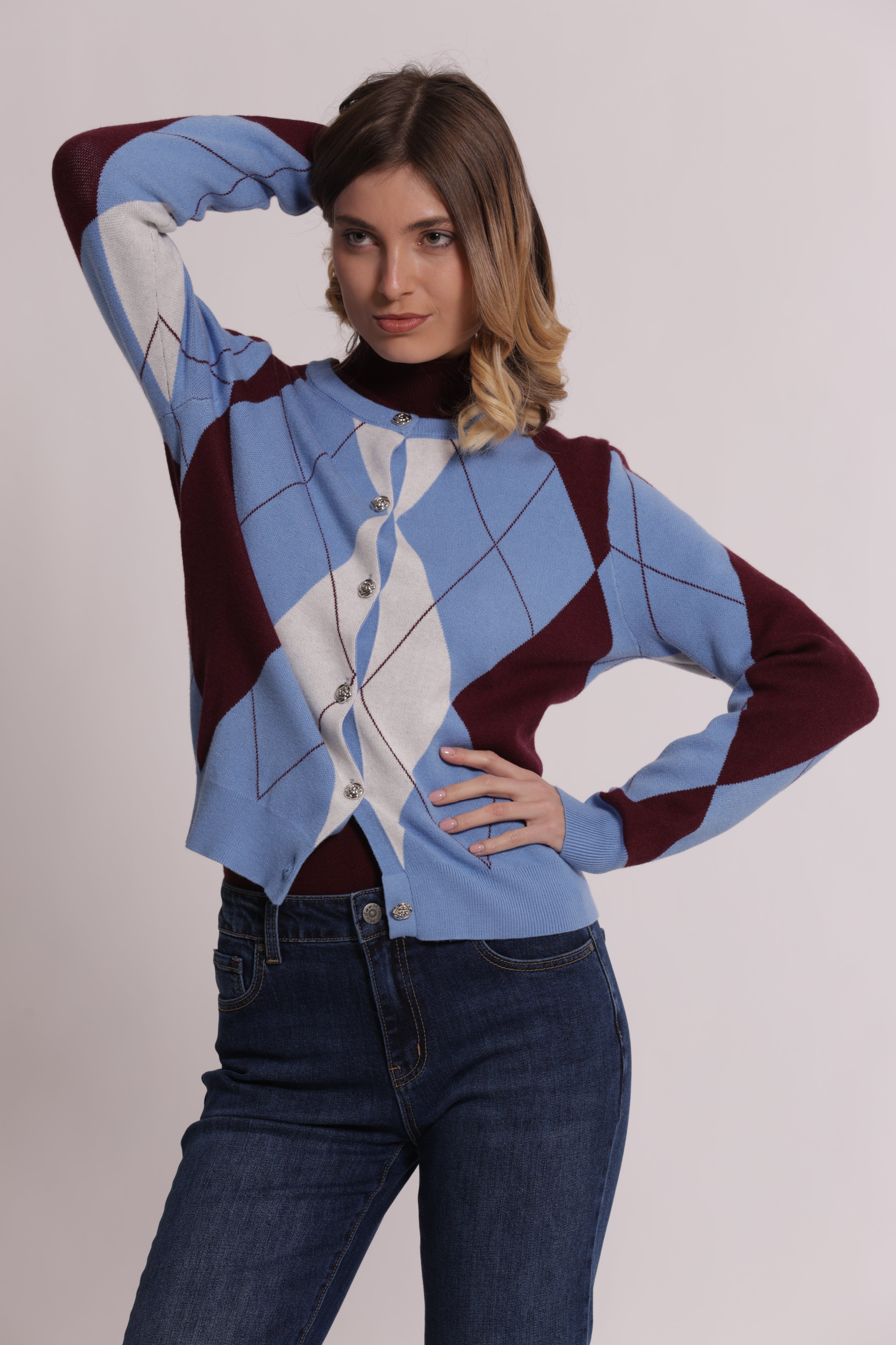 Mimi Mua Cardigan Geometrico Bottoni Gioiello Maglia
