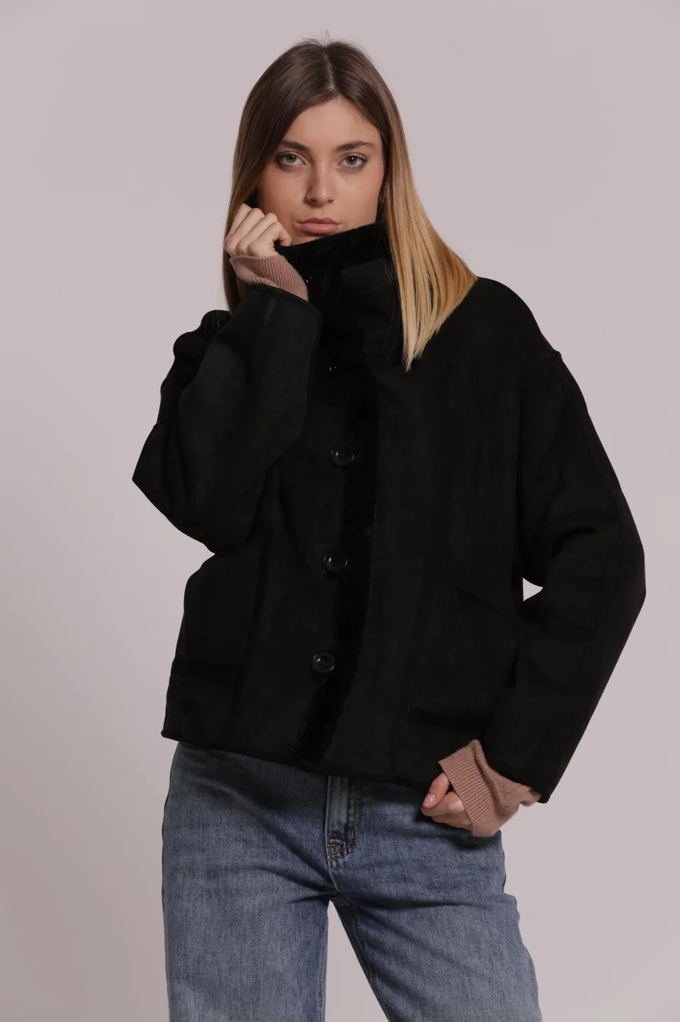 Mimi Mua Reversibile giubbotto effetto montone nero