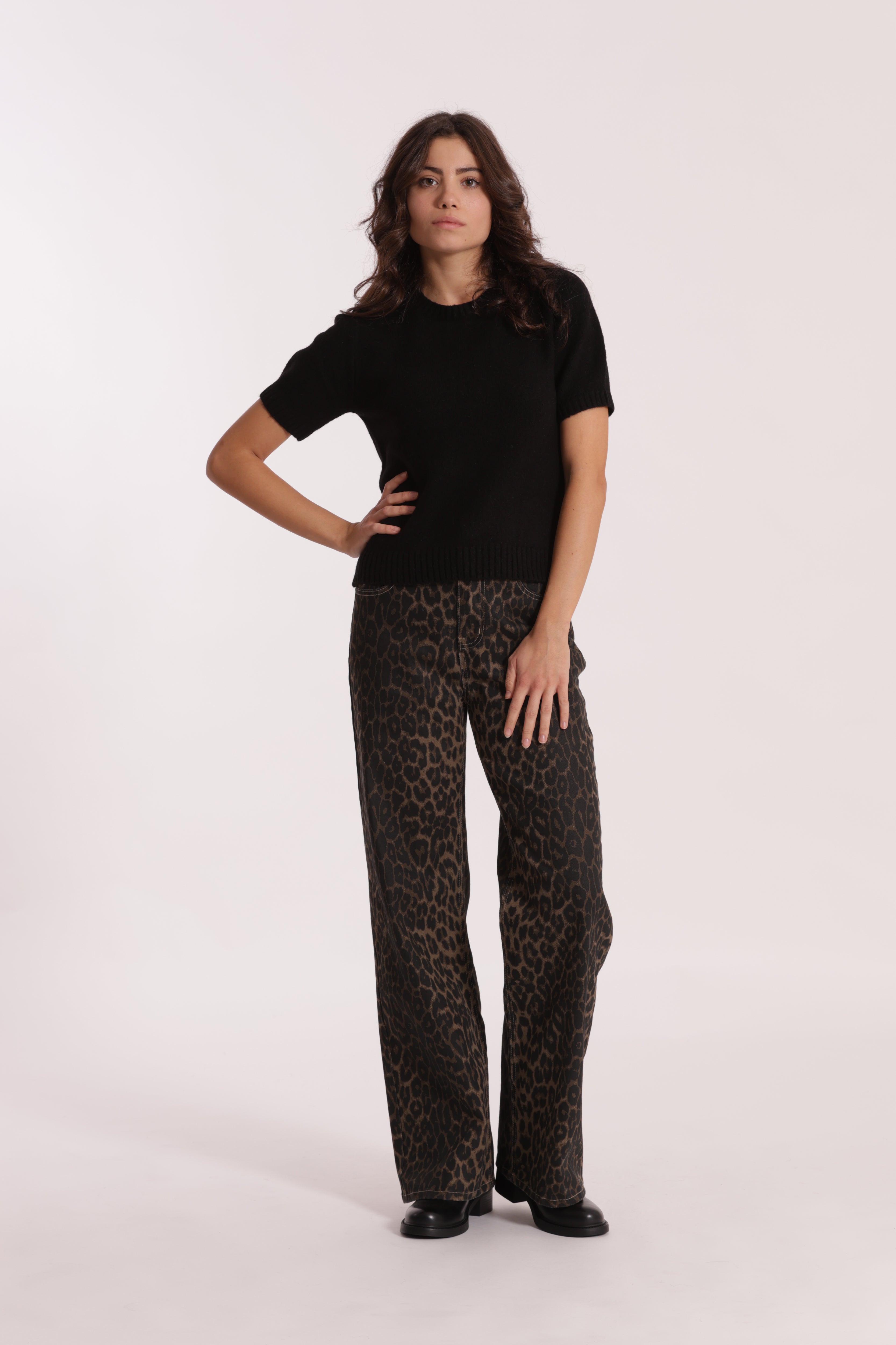 Mimi Mua jeans wide leg leopardato cammello denim