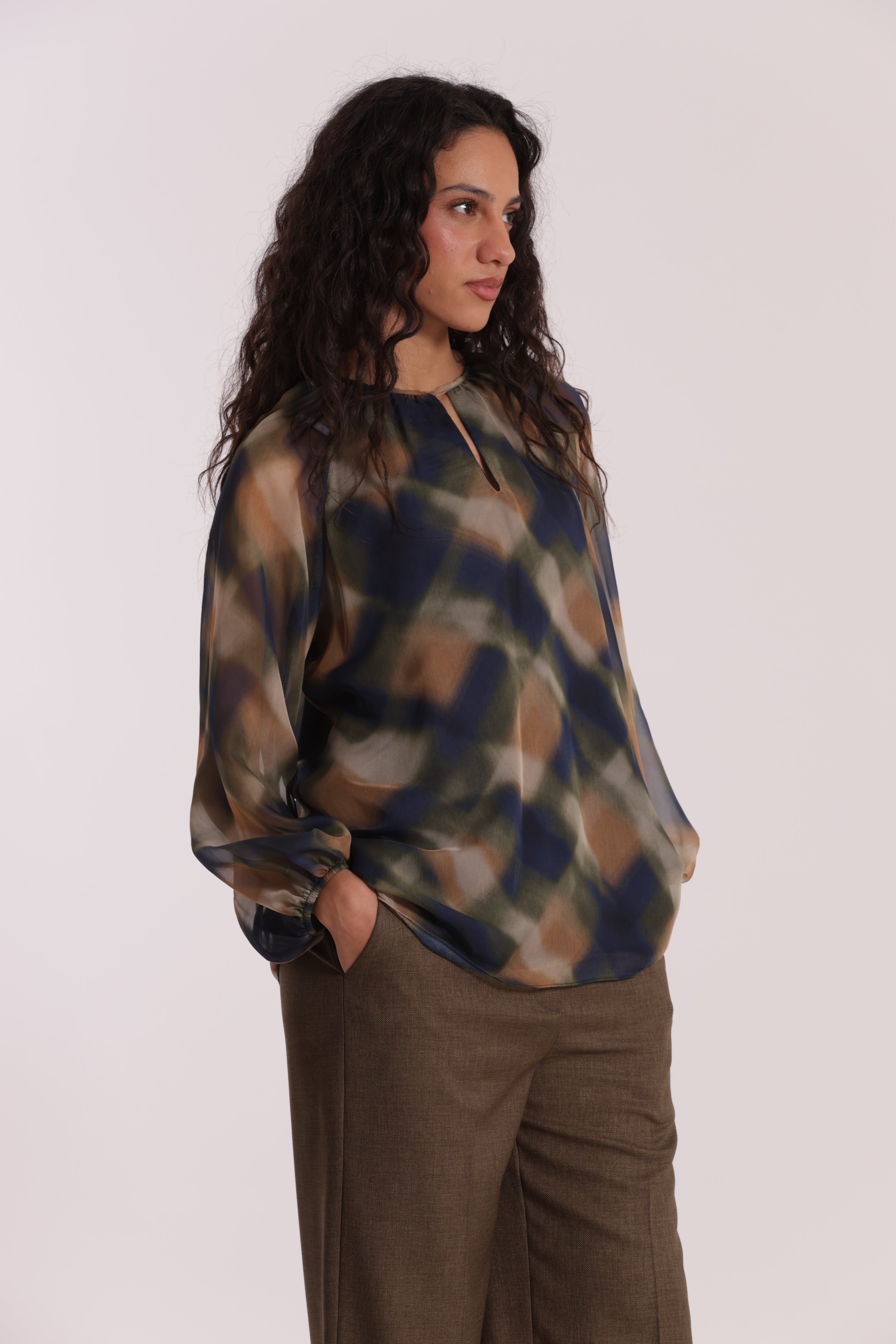 Mimi Mua Blusa Scollo Tondo blusa check blu/cammello