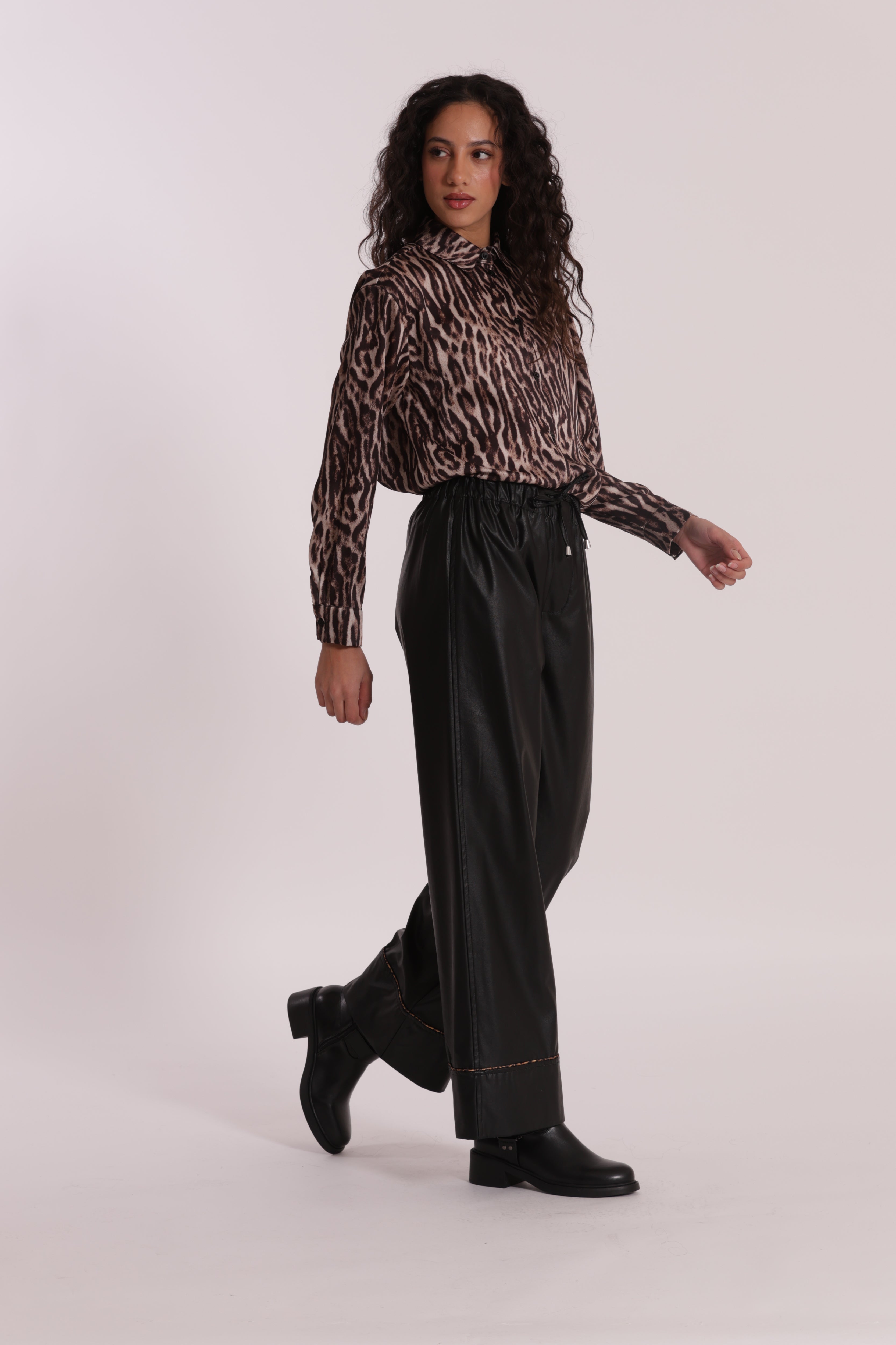 Mimi Mua Pantalone Palazzo Simil Pelle Nero Animalier
