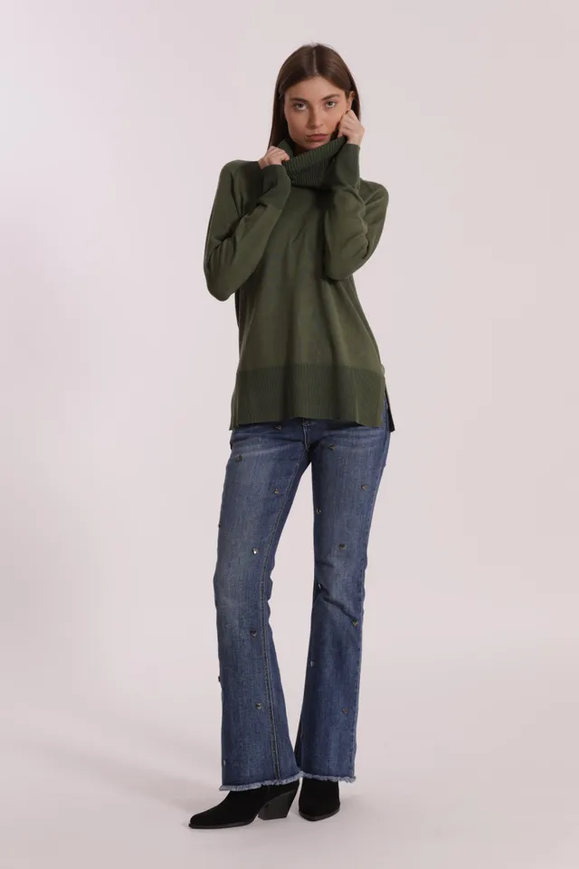 Mimi Mua Jeans Flare con Borchie Cuore Blu Medio denim