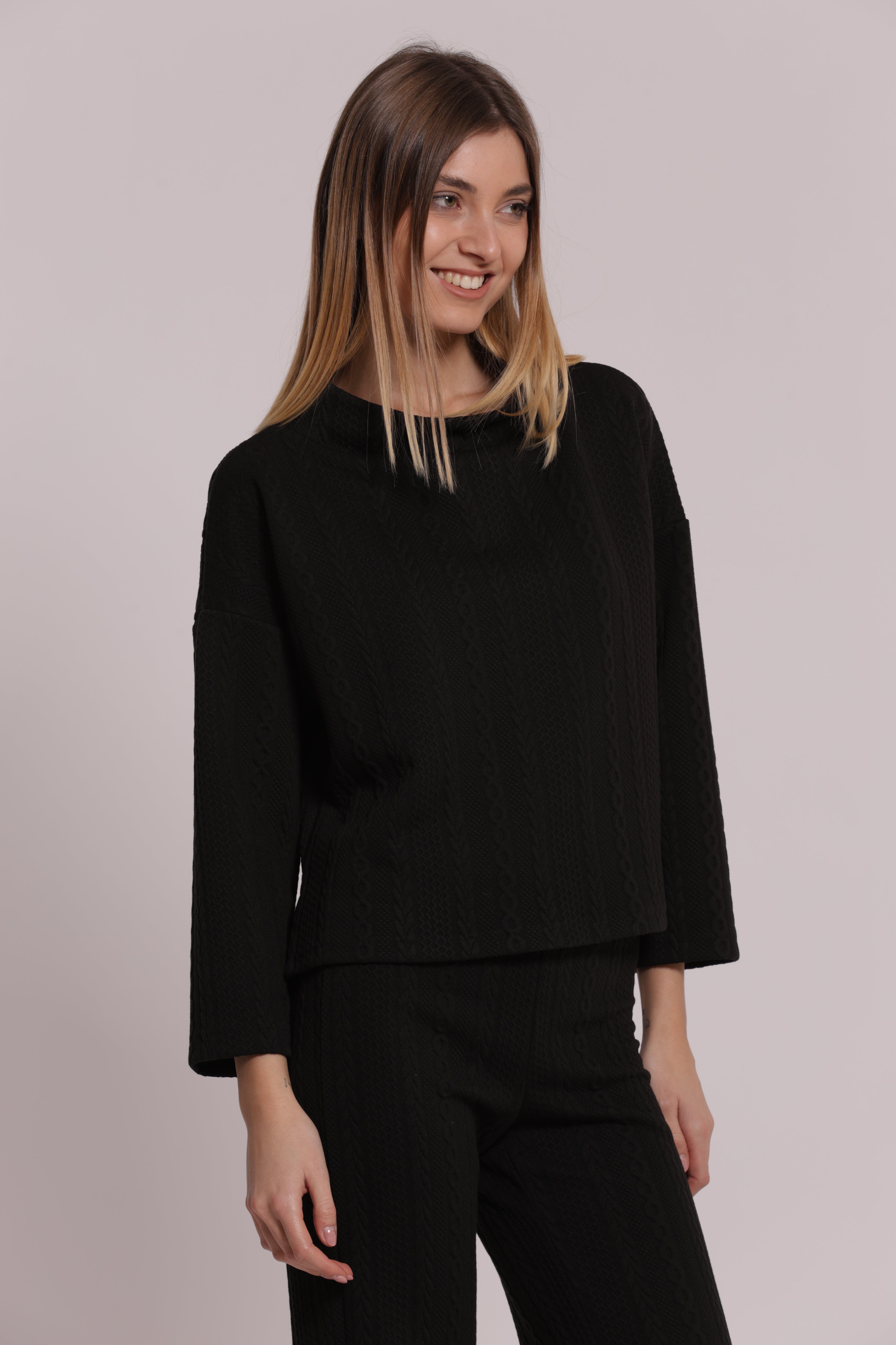 Mimi Mua Felpa Punto Milano Treccia Felpa Nero girocollo caldo