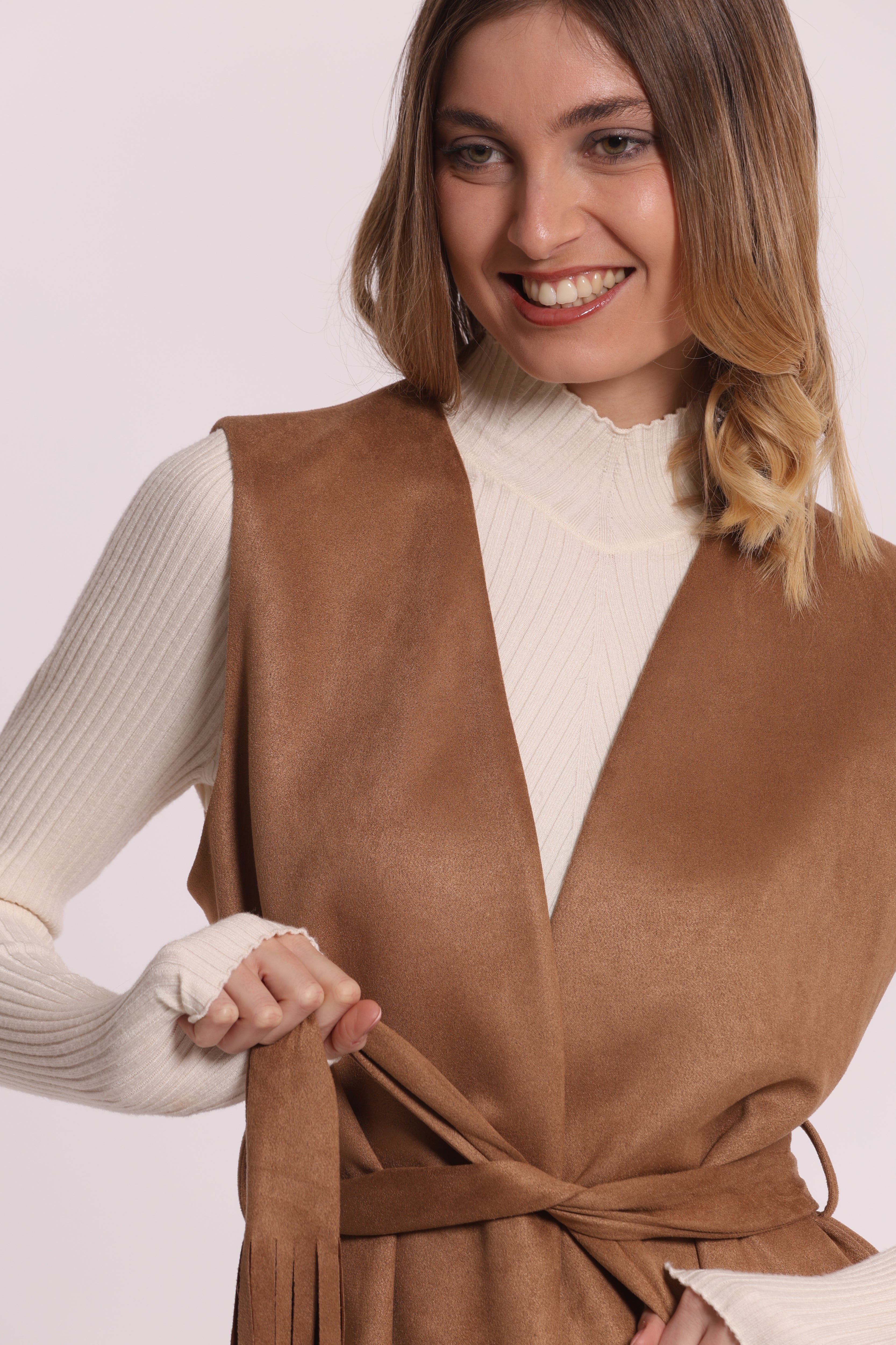 Mimi Mua Gilet Lungo Jersey Effetto Camoscio Beige