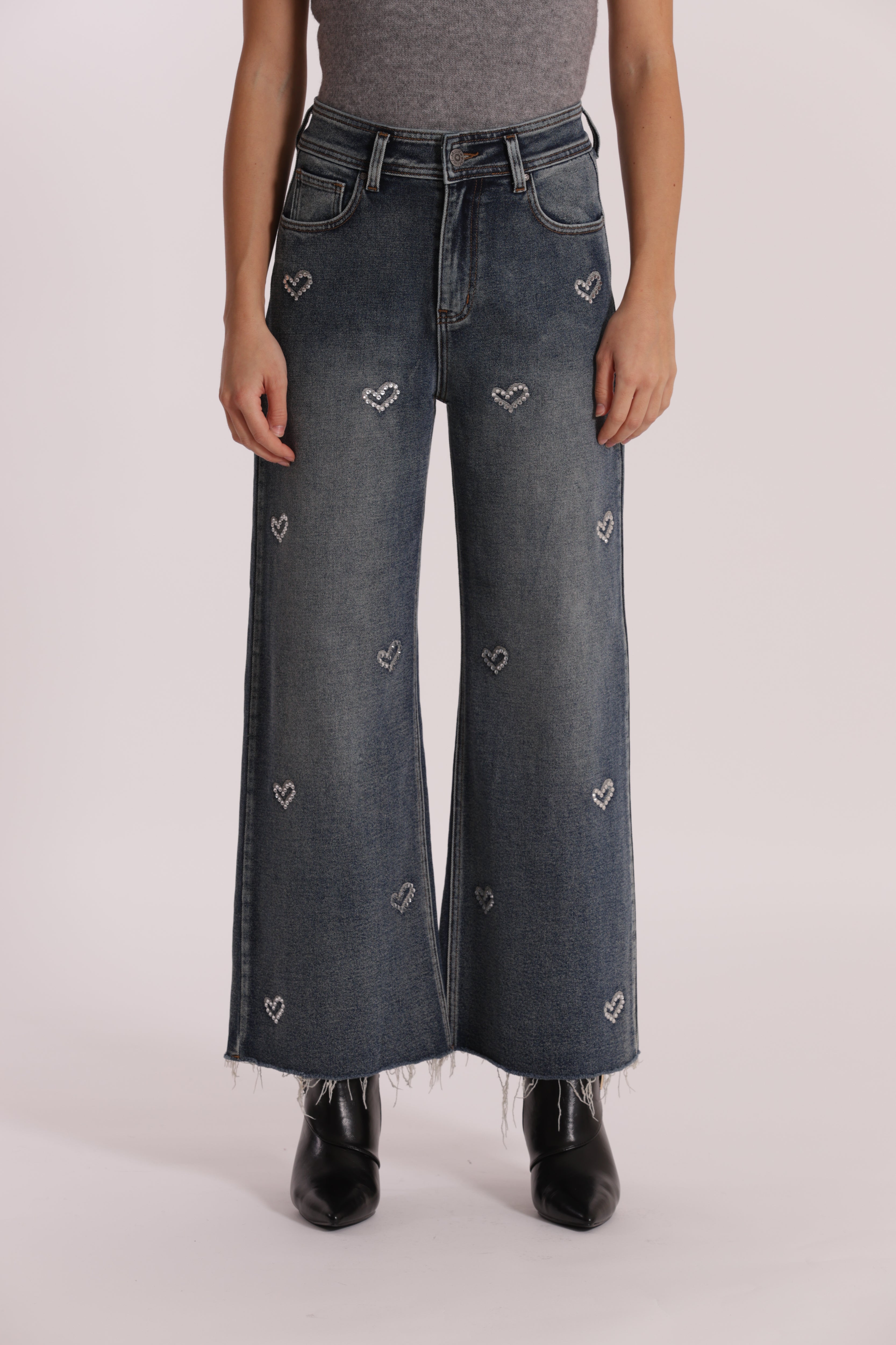 Mimi Mua Jeans Wide Leg Cropped Cuori Ricamati Blu Medio