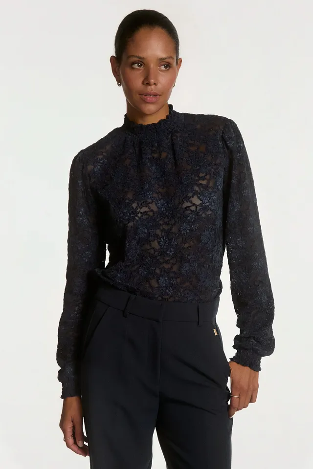 Aaiko Tory top pizzo blu notte collo alto aderente