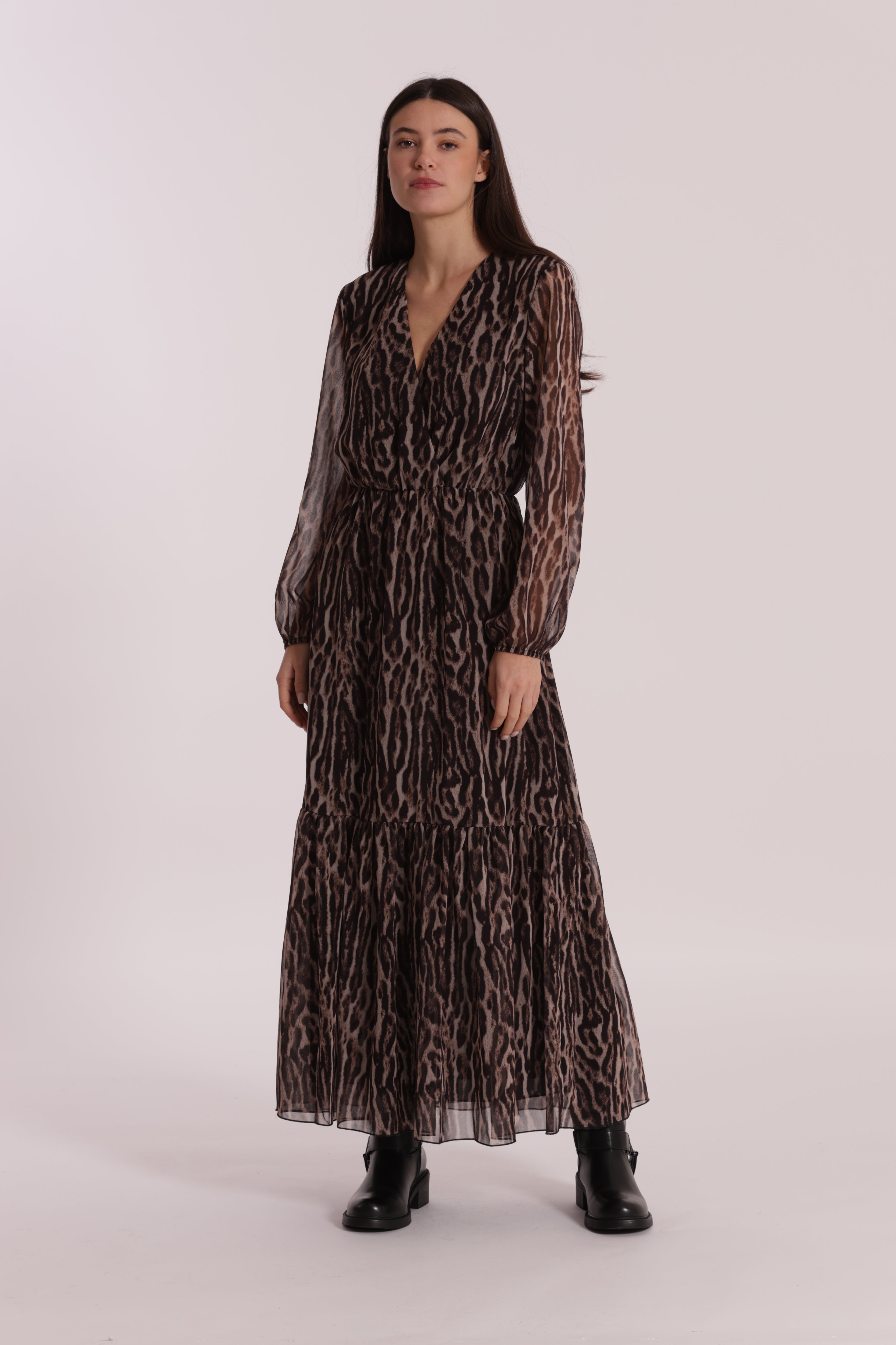 Mimi Mua Fantasia Animalier abito lungo burgundy fluido