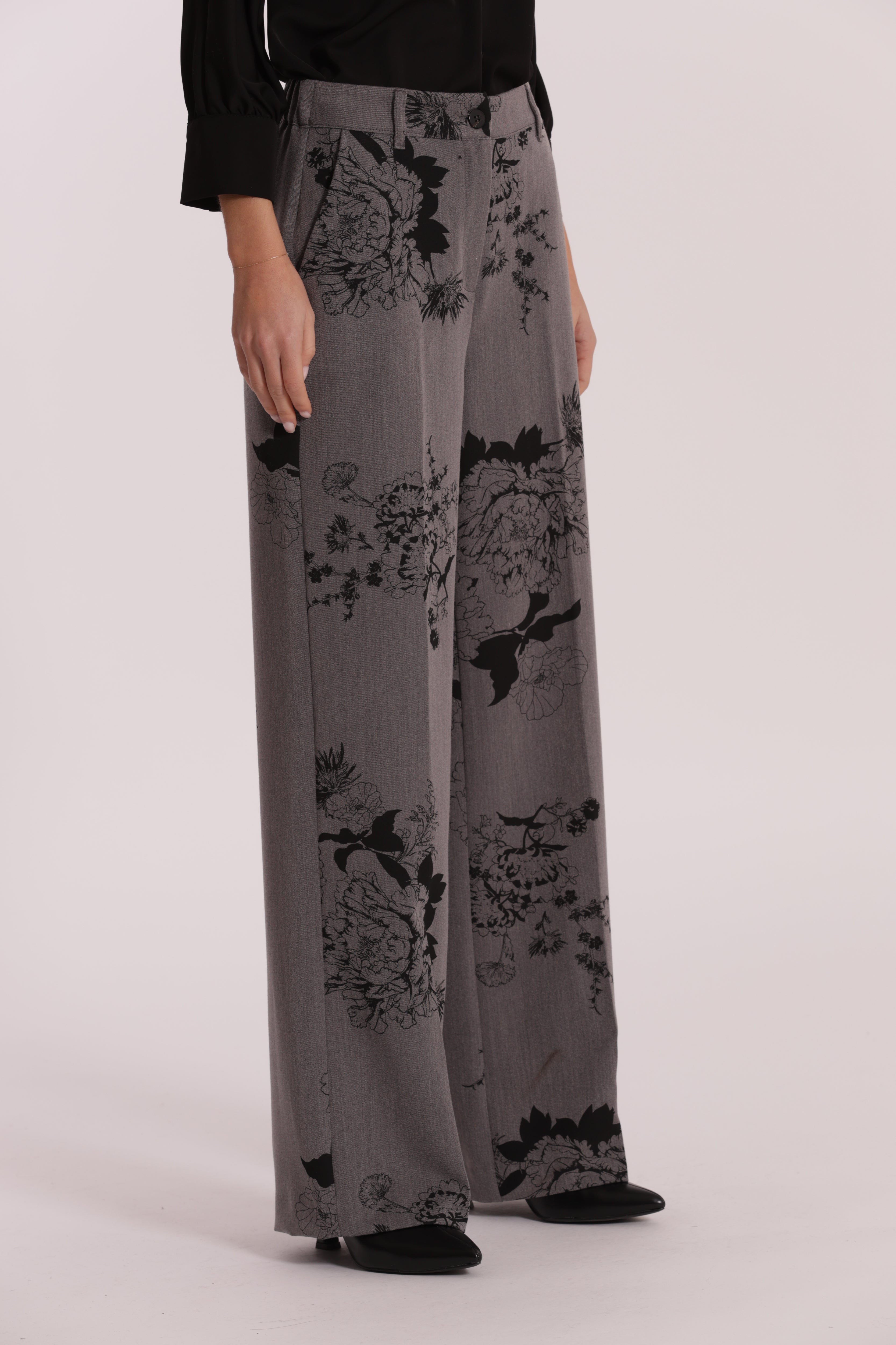 Mimi Mua Pantalone Palazzo Stampa Floreale Grigio