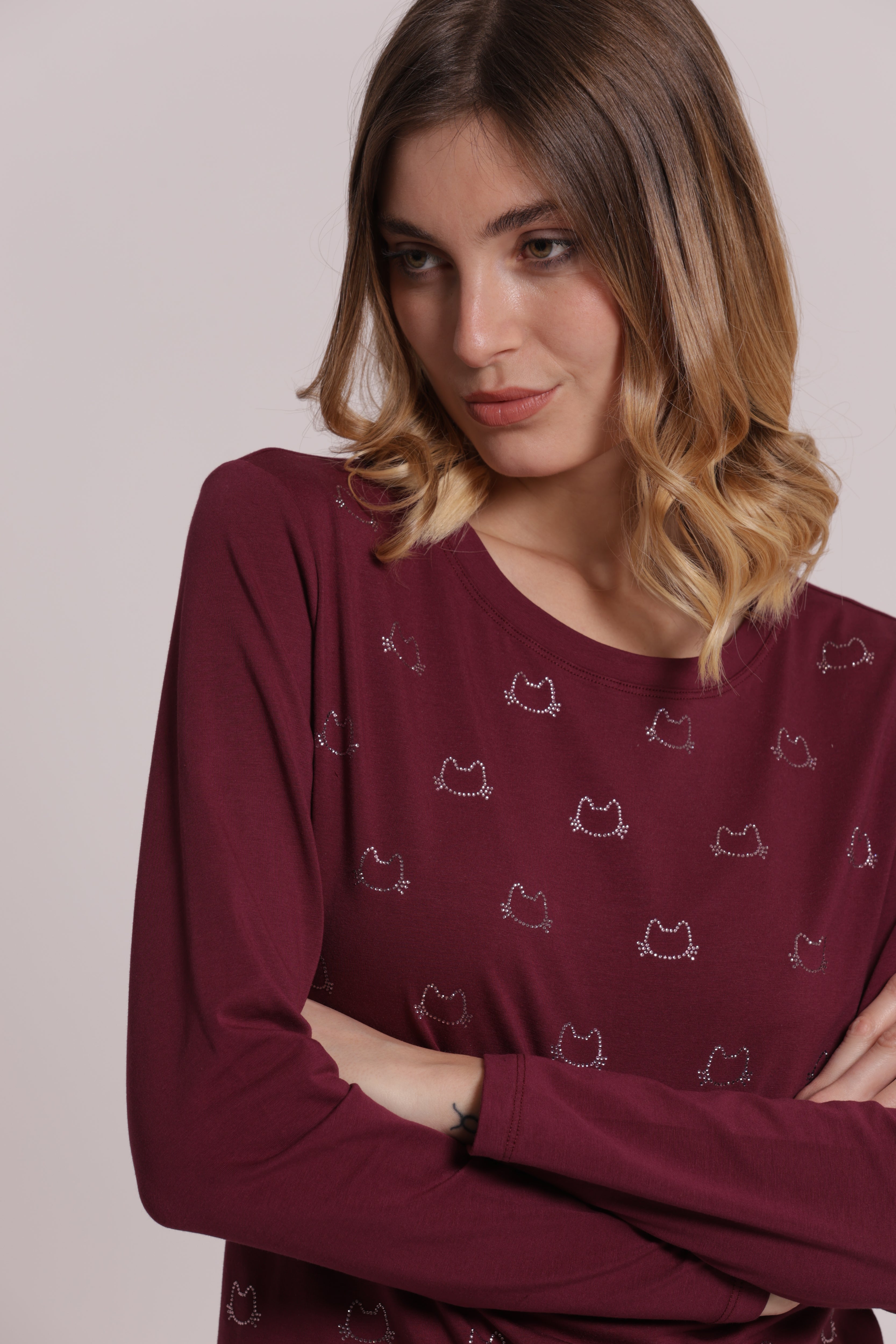 Mimi Mua T-shirt Scollo V Gatti Strass Maniche Lunghe