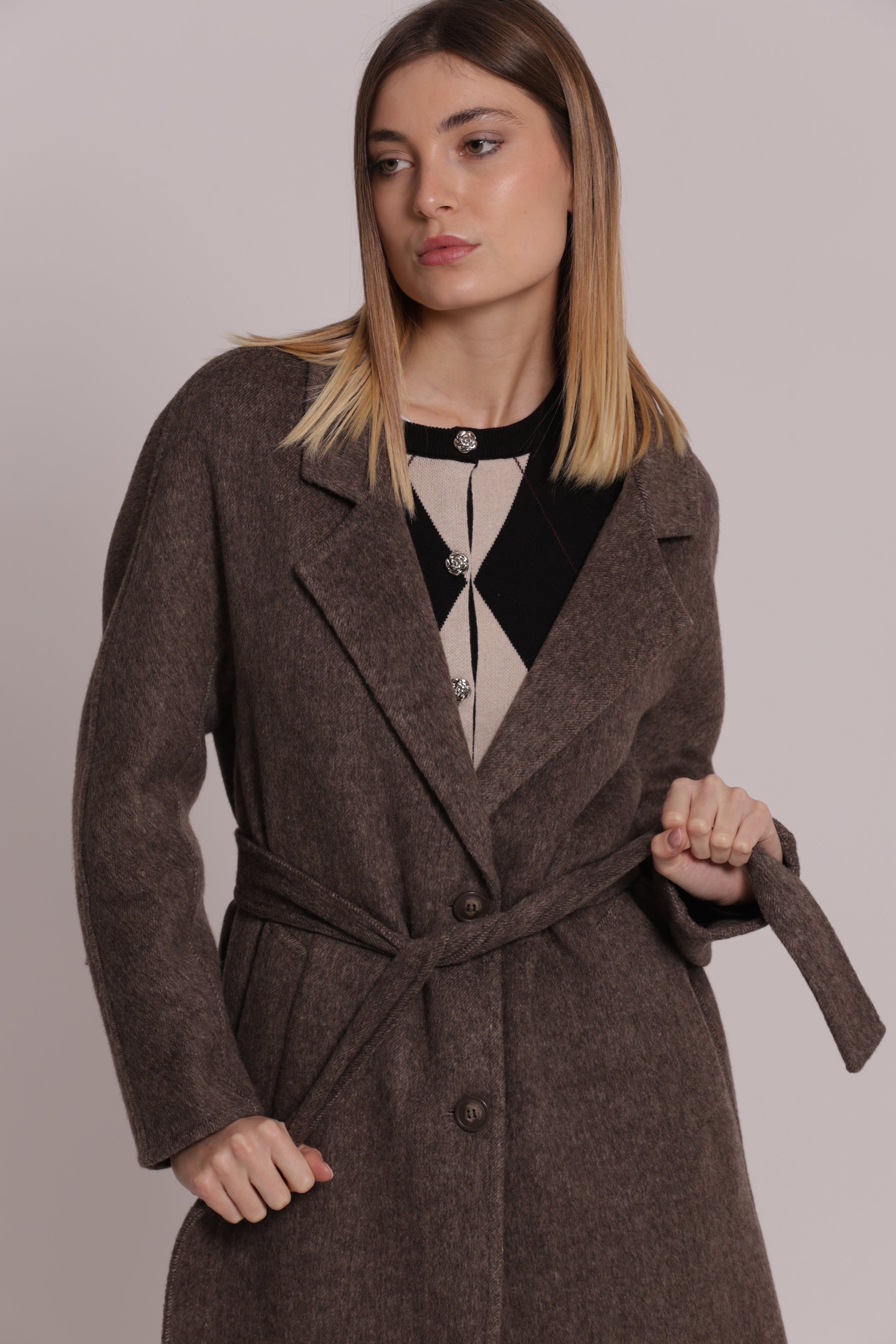 Mimi Mua cappotto lungo con cintura moro lana