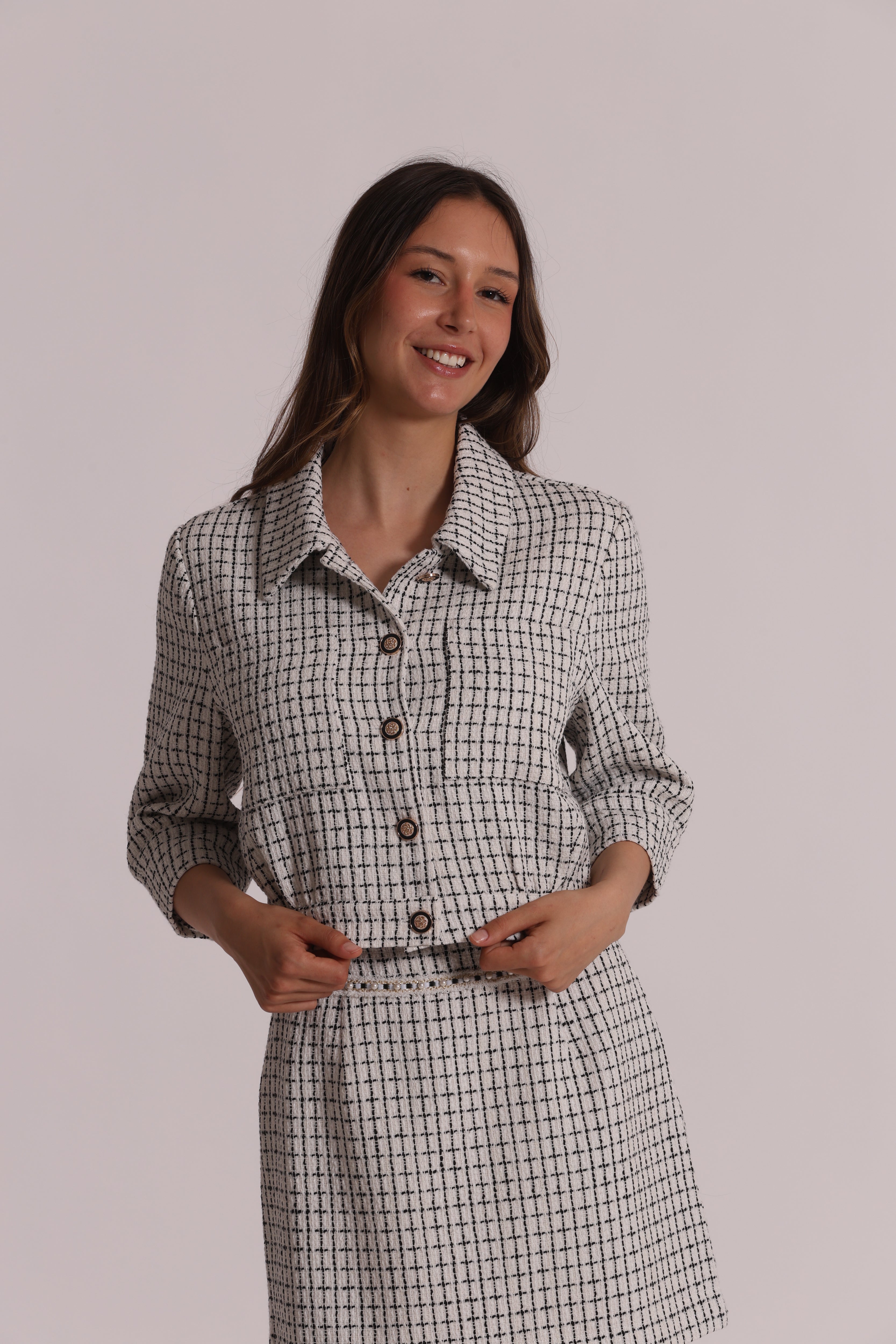 Mimi Mua Giacca Crop Tweed Bottoni Gioiello giacca corta
