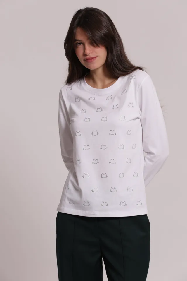 Mimi Mua T-shirt Scollo V Gatti Strass Maniche Lunghe
