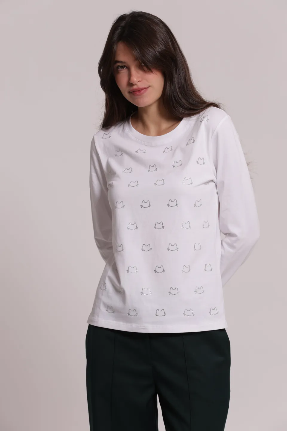 Mimi Mua T-shirt Scollo V Gatti Strass Maniche Lunghe