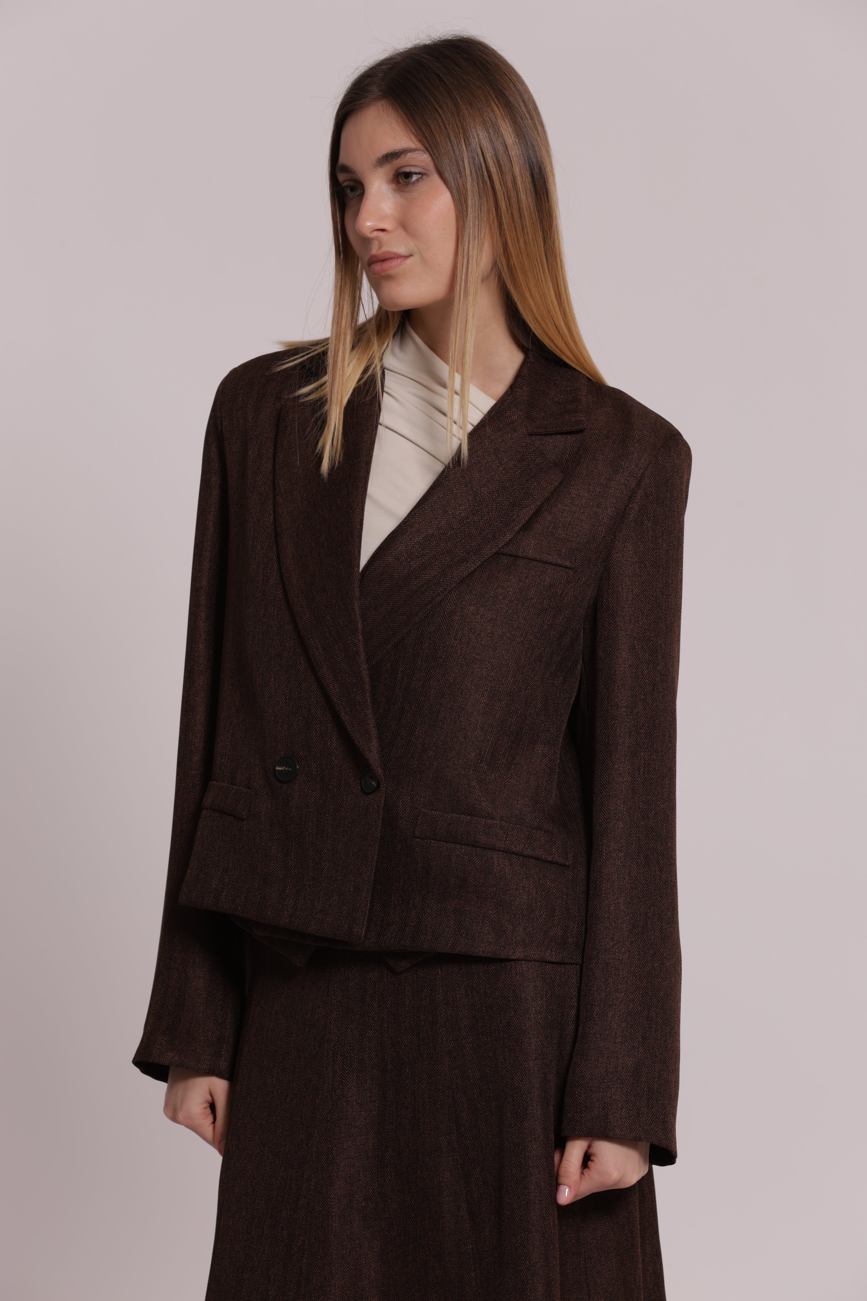 Mimi Mua Giacca Cropped Tweed Spiga di Pesce Moro