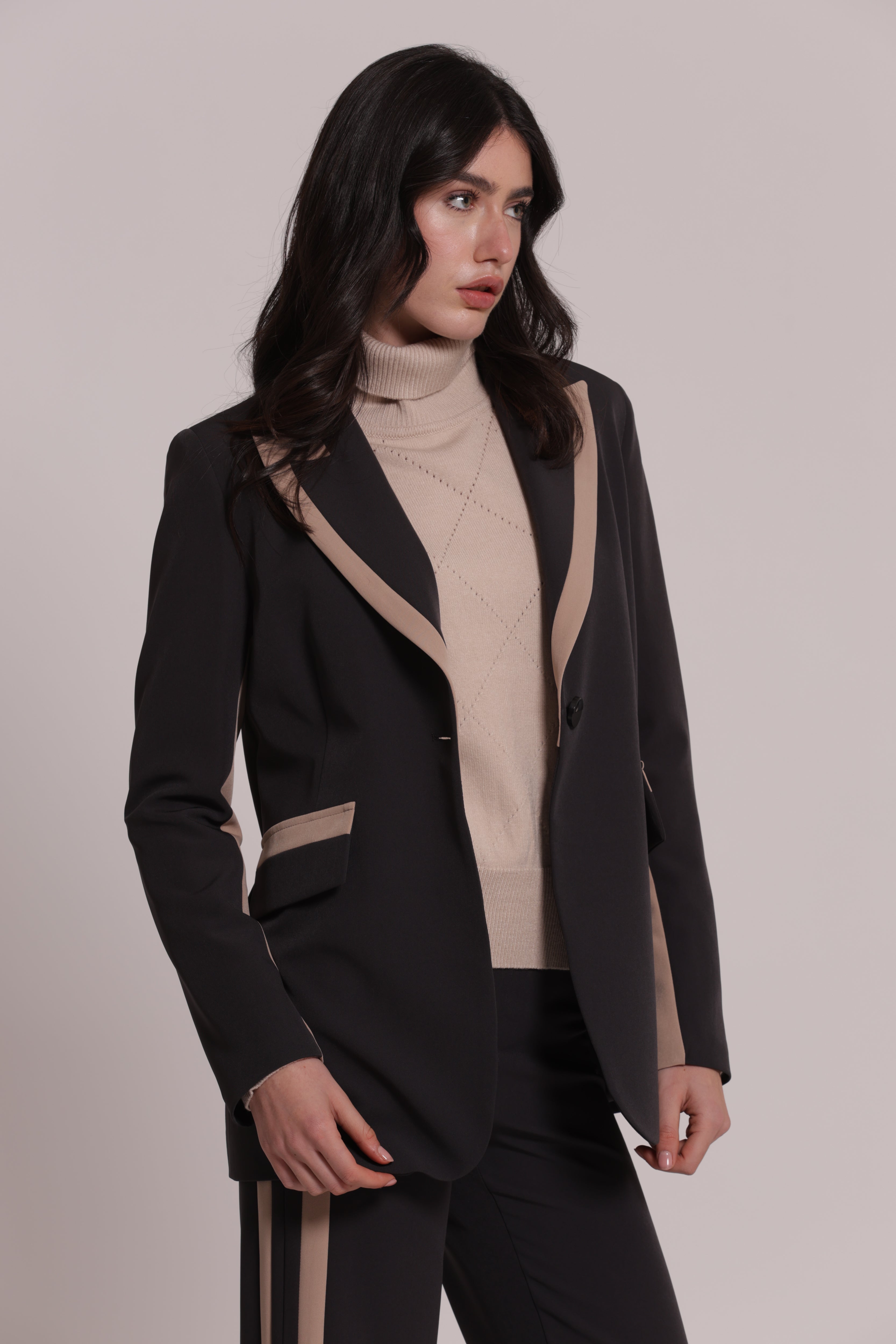 Mimi Mua Lunga Bicolor Tessuto Tecnico Giacca Nero/Beige