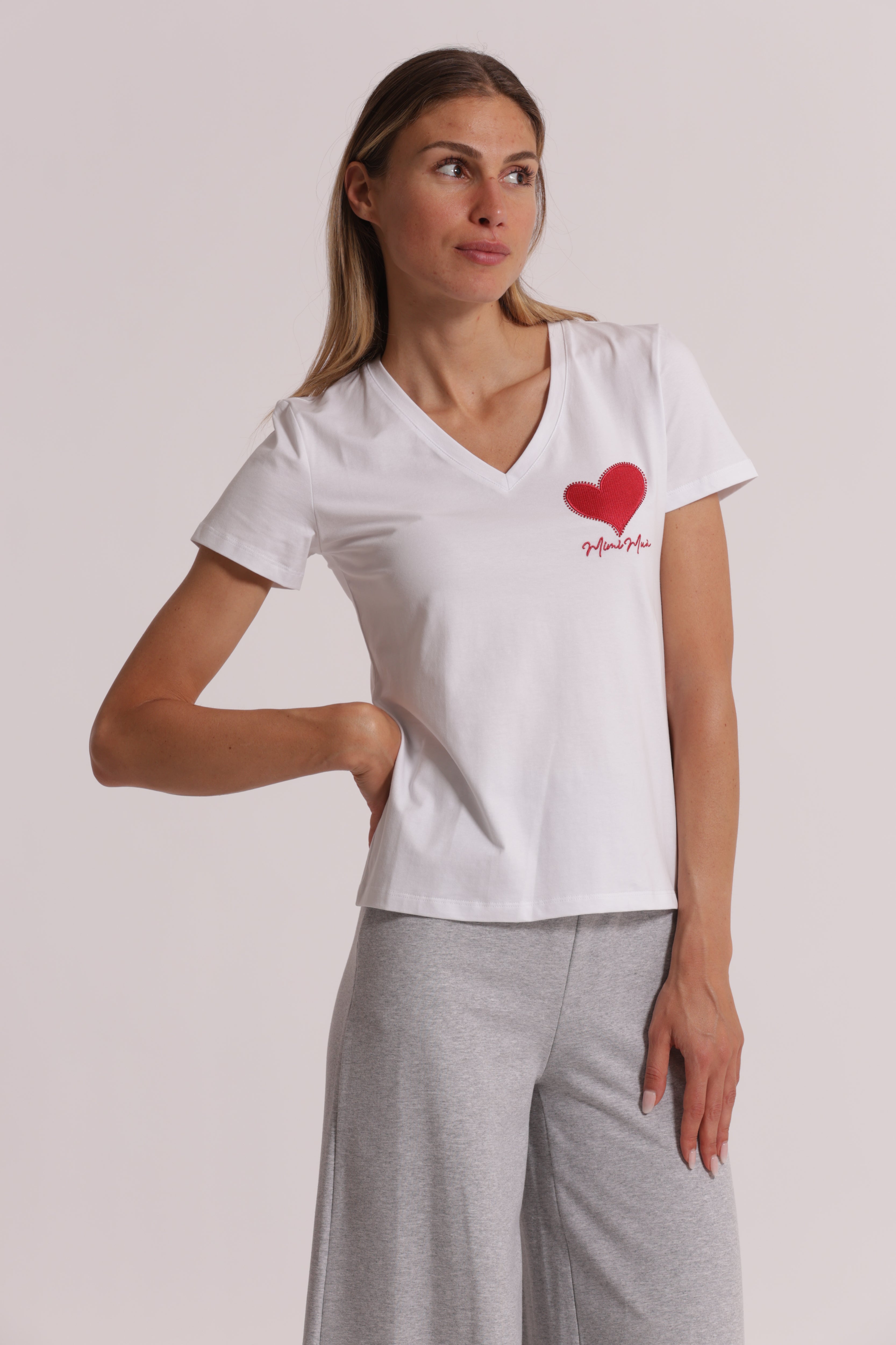 Mimi Mua t-shirt ricamo cuore bianca in cotone