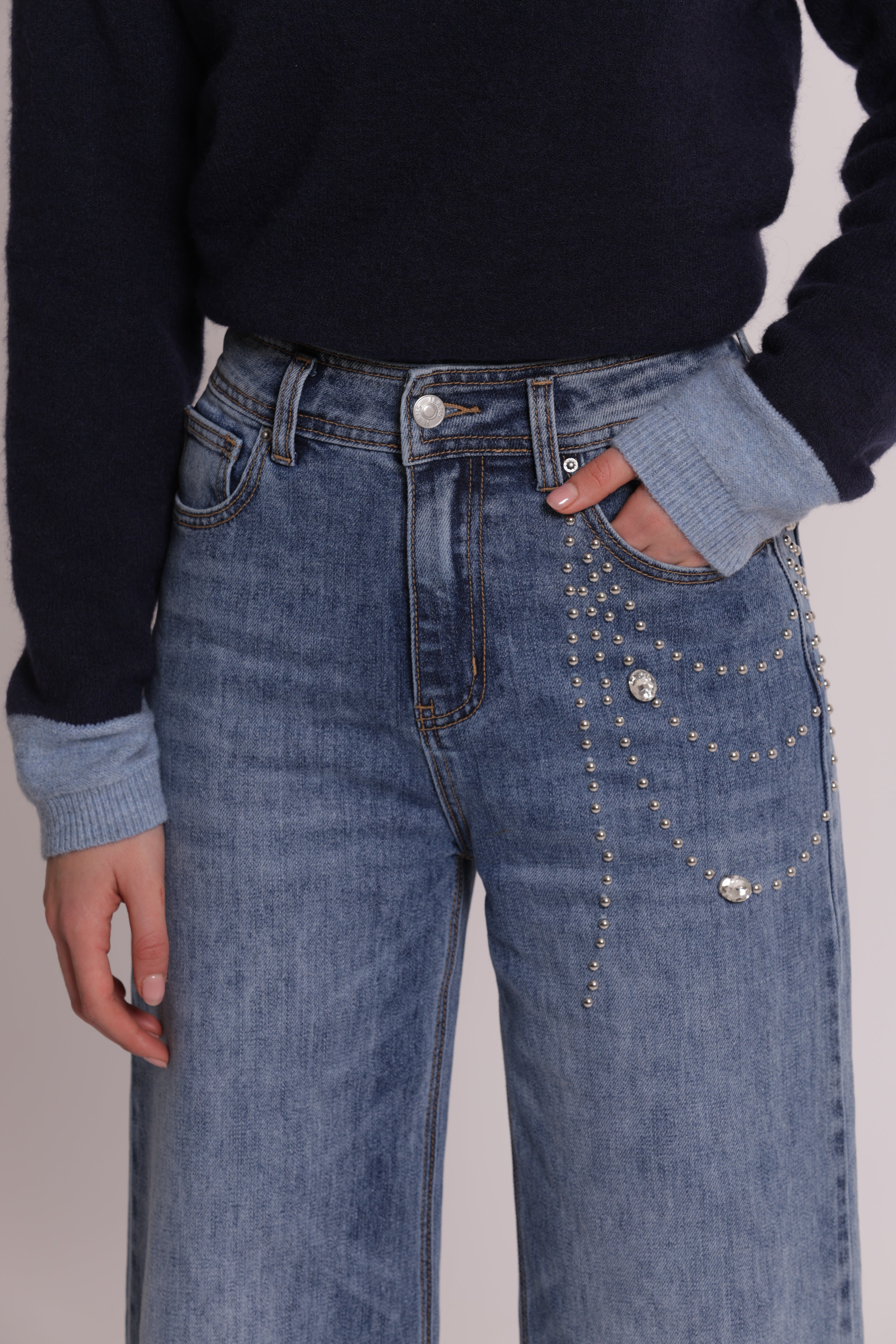Mimi Mua Jeans palazzo applicazioni laterali jeans blu medio