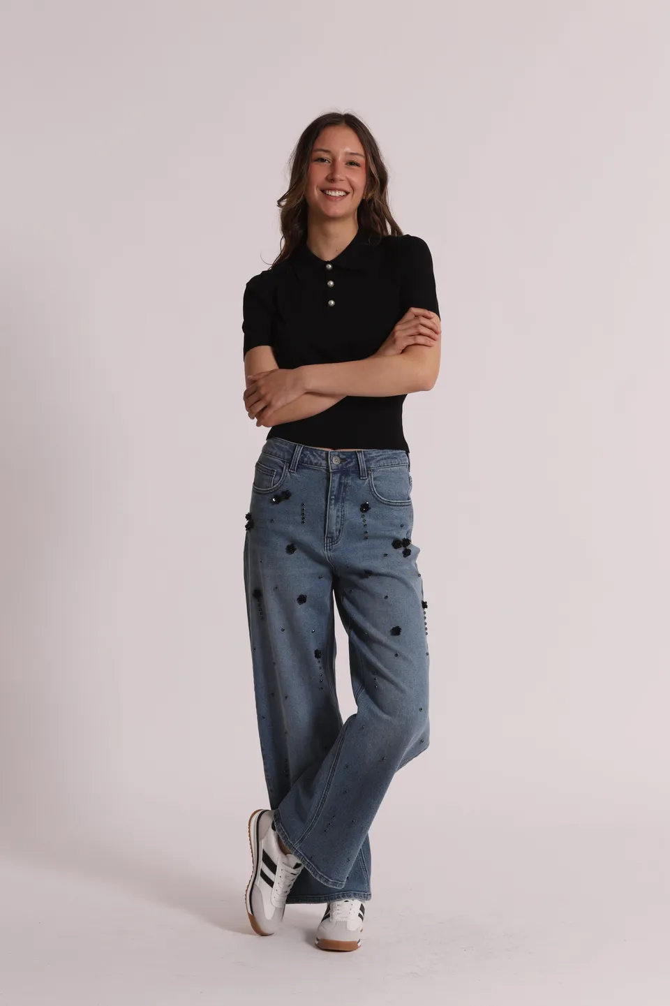 Mimi Mua Jeans Palazzo Fiori Cotone Blu Medio
