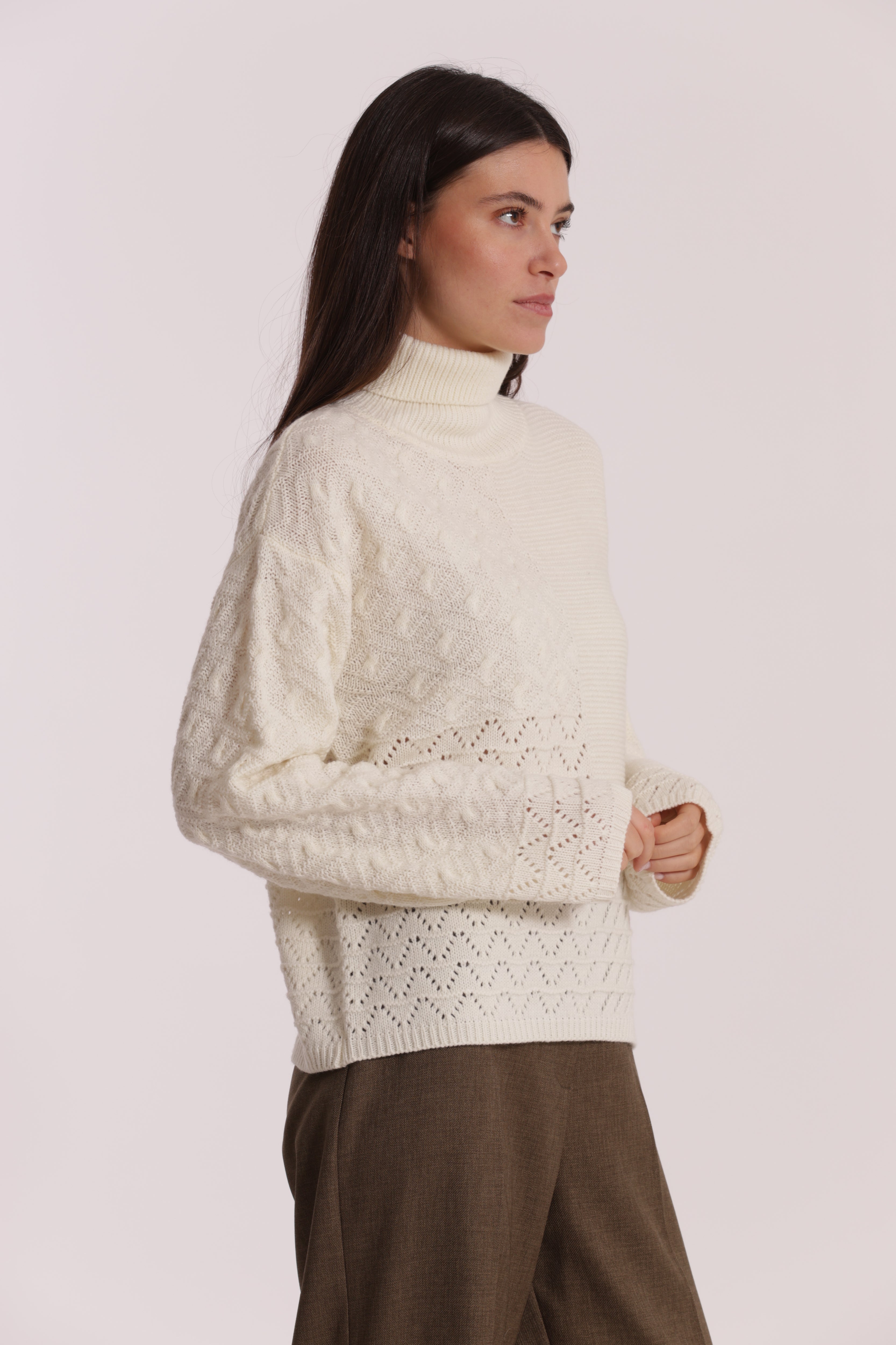 Mimi Mua Maglia Dolcevita Lavorato panna lana