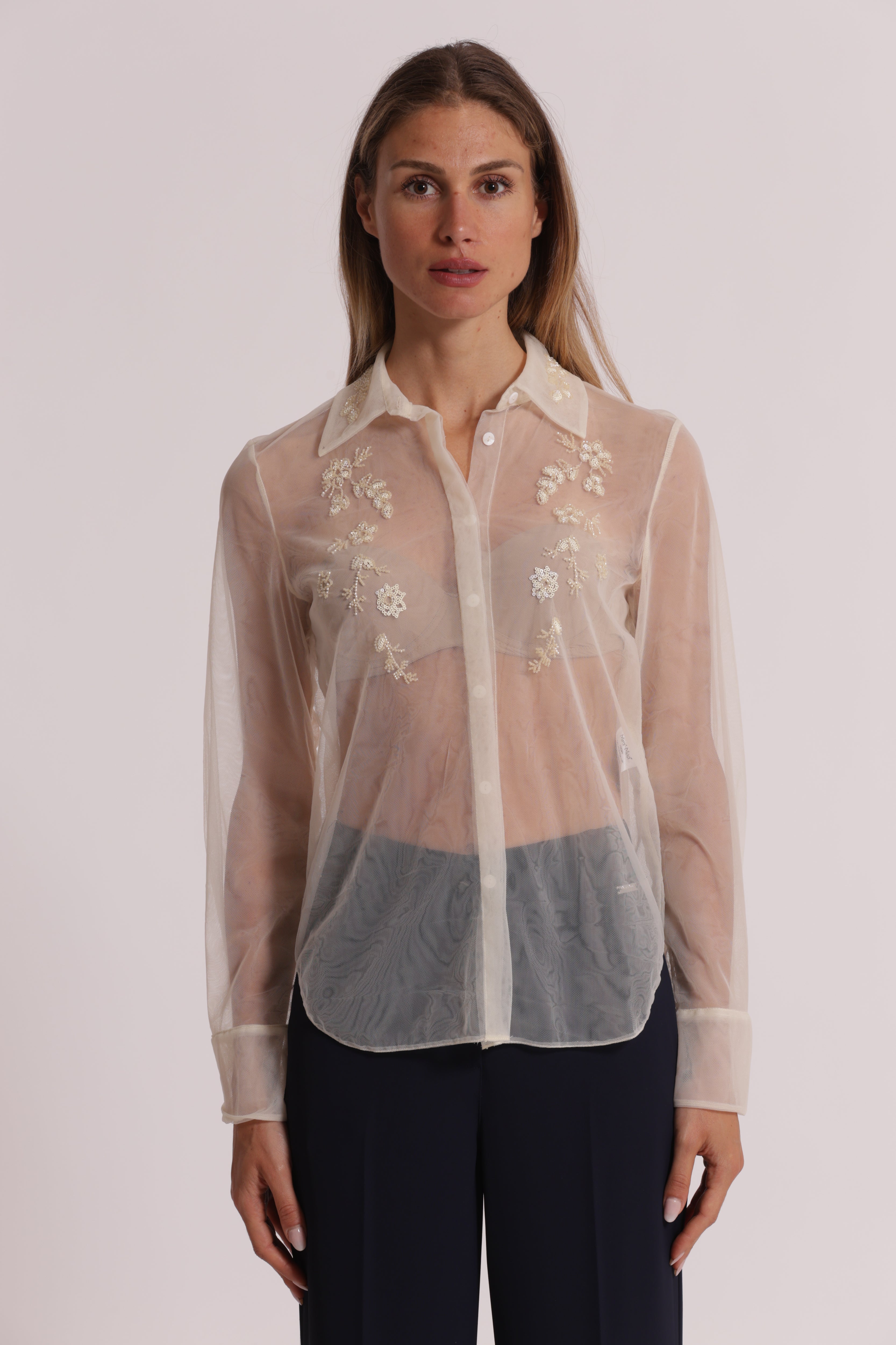 Mimi Mua Camicia Tulle Trasparente Perline Nero