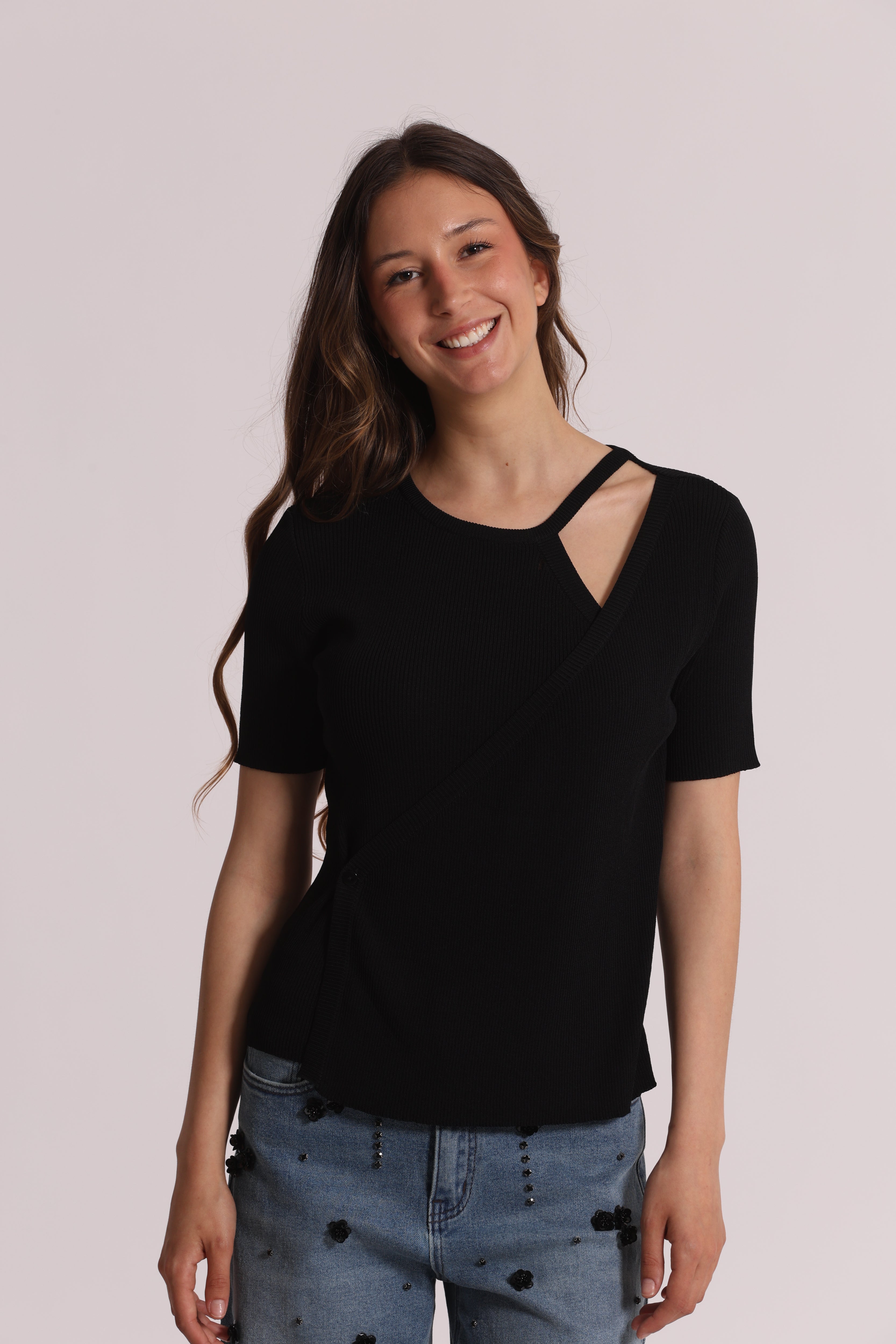 Mimi Mua Apertura maglia maniche corte nero viscosa